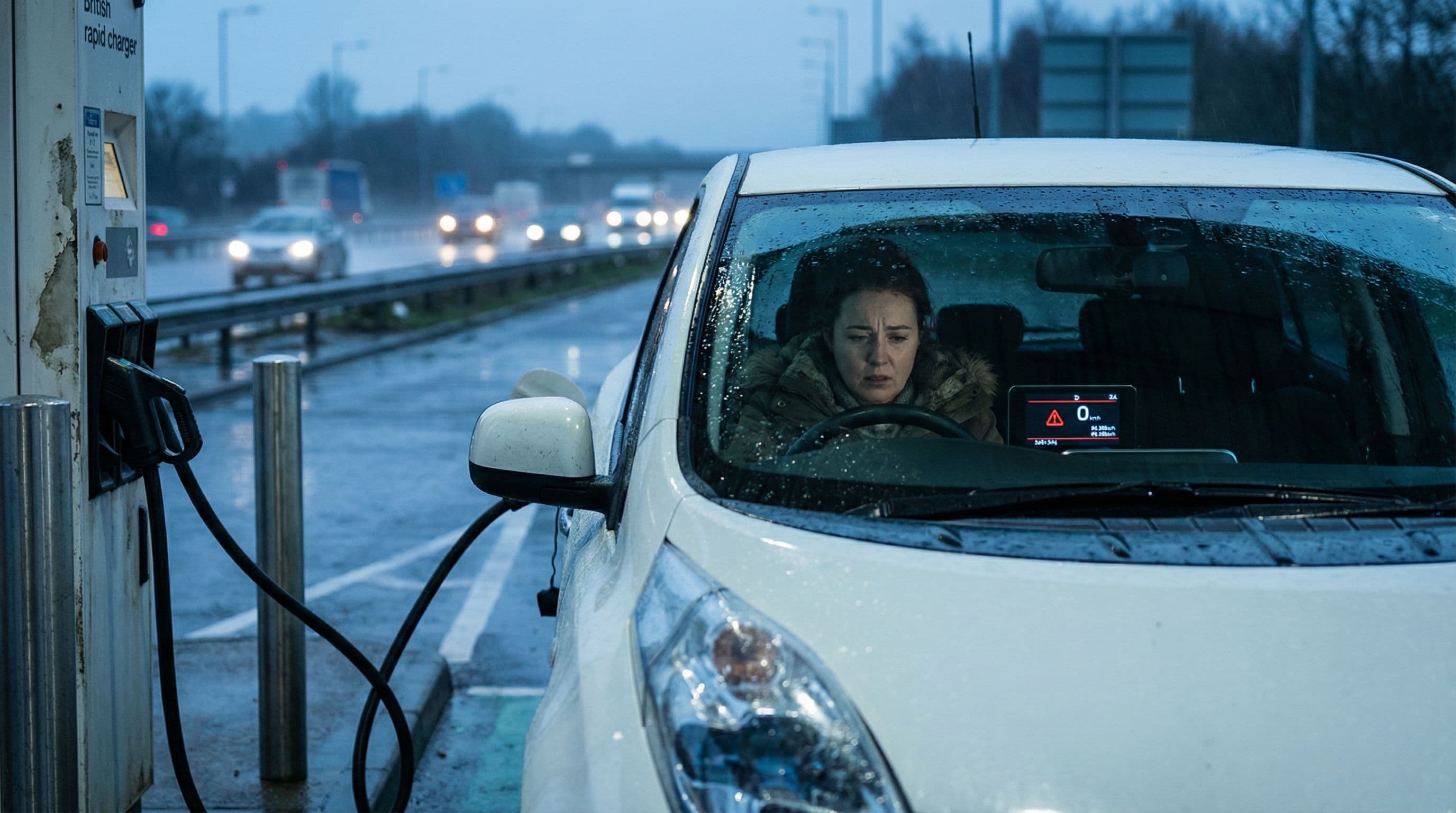 Electric car at a UK charging point with anxious driver checking the low range display