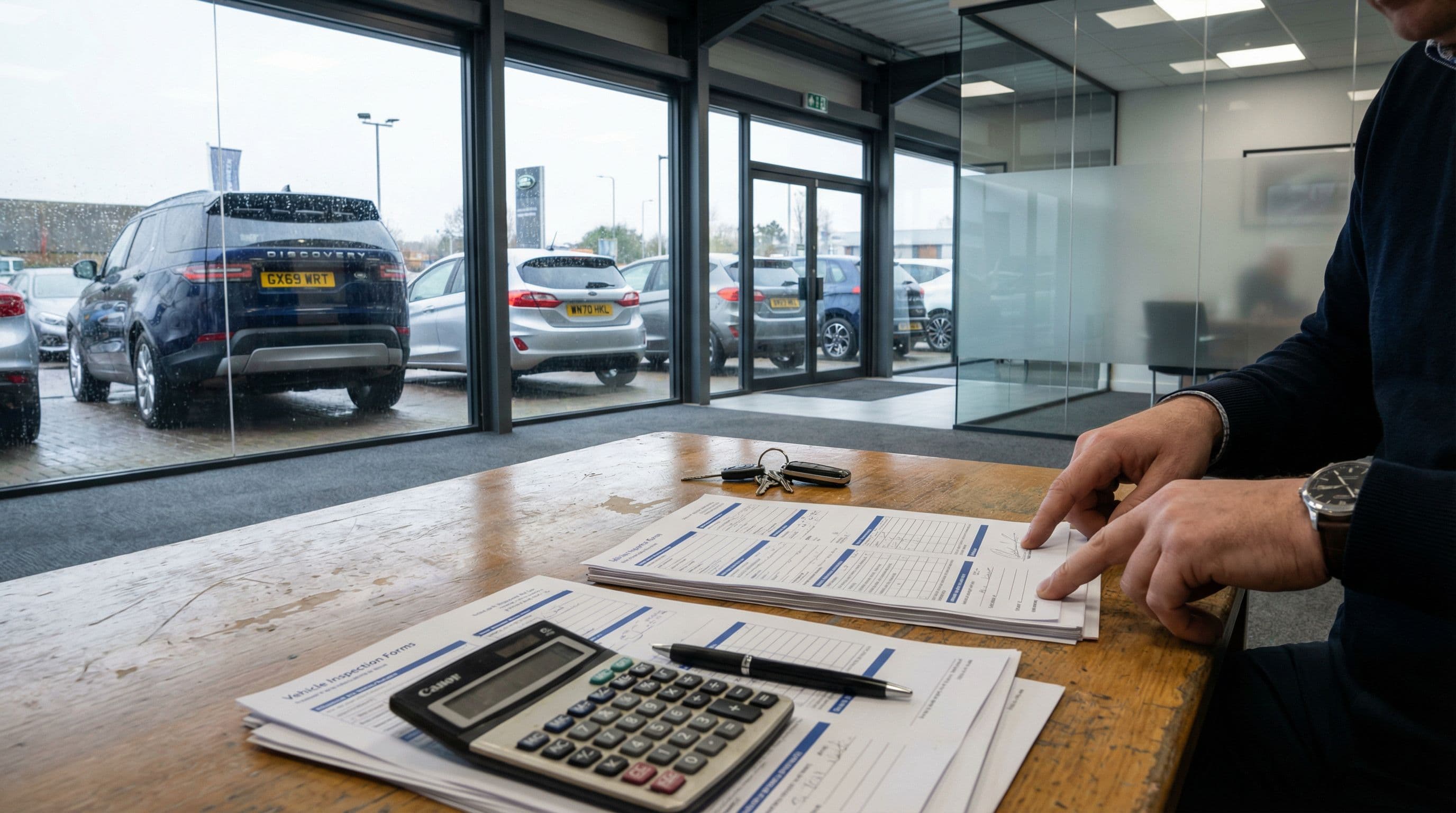 Dealership paperwork and inspection documents during a vehicle return transaction.