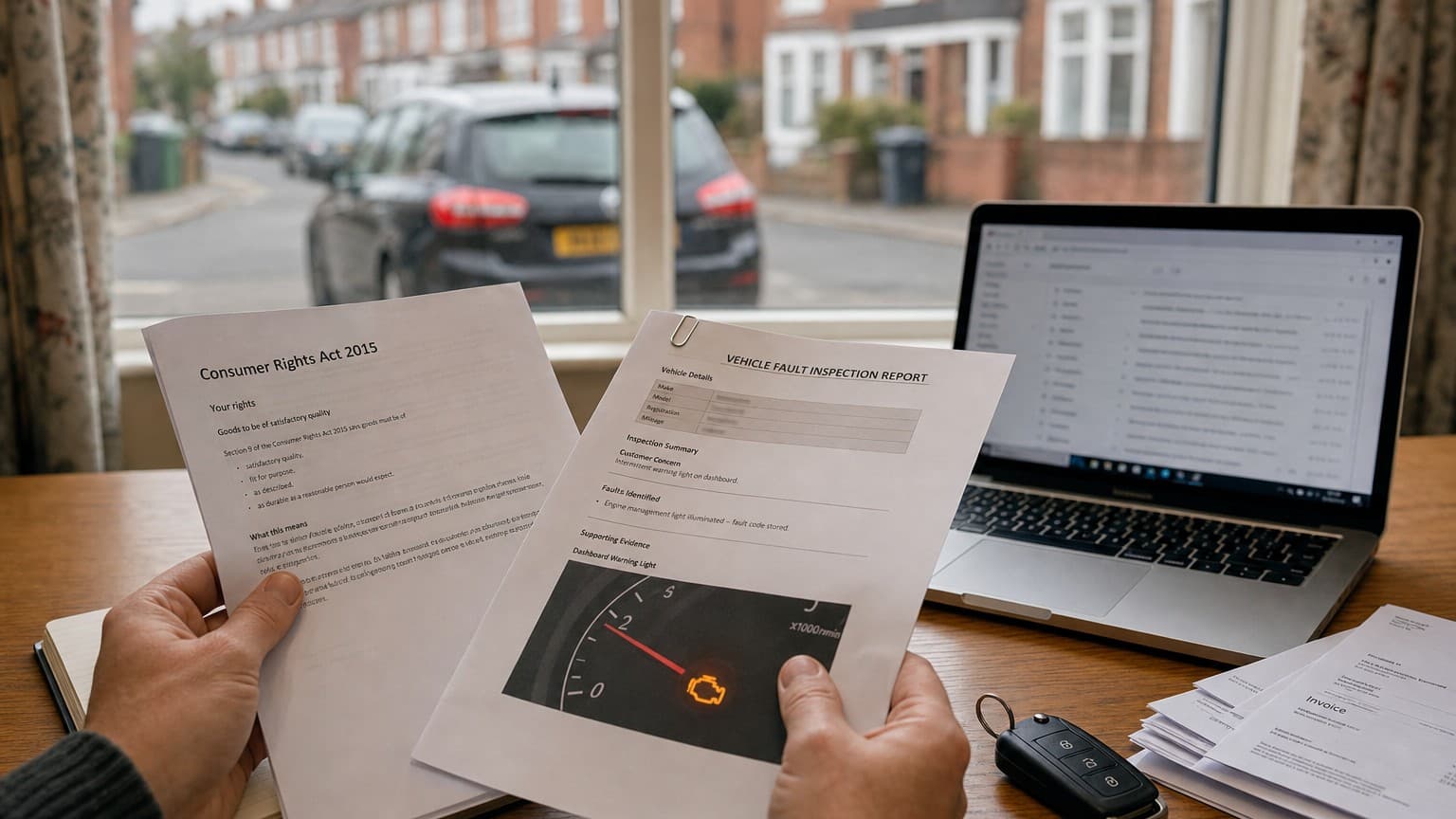 Reviewing a vehicle fault report and consumer rights paperwork at home.