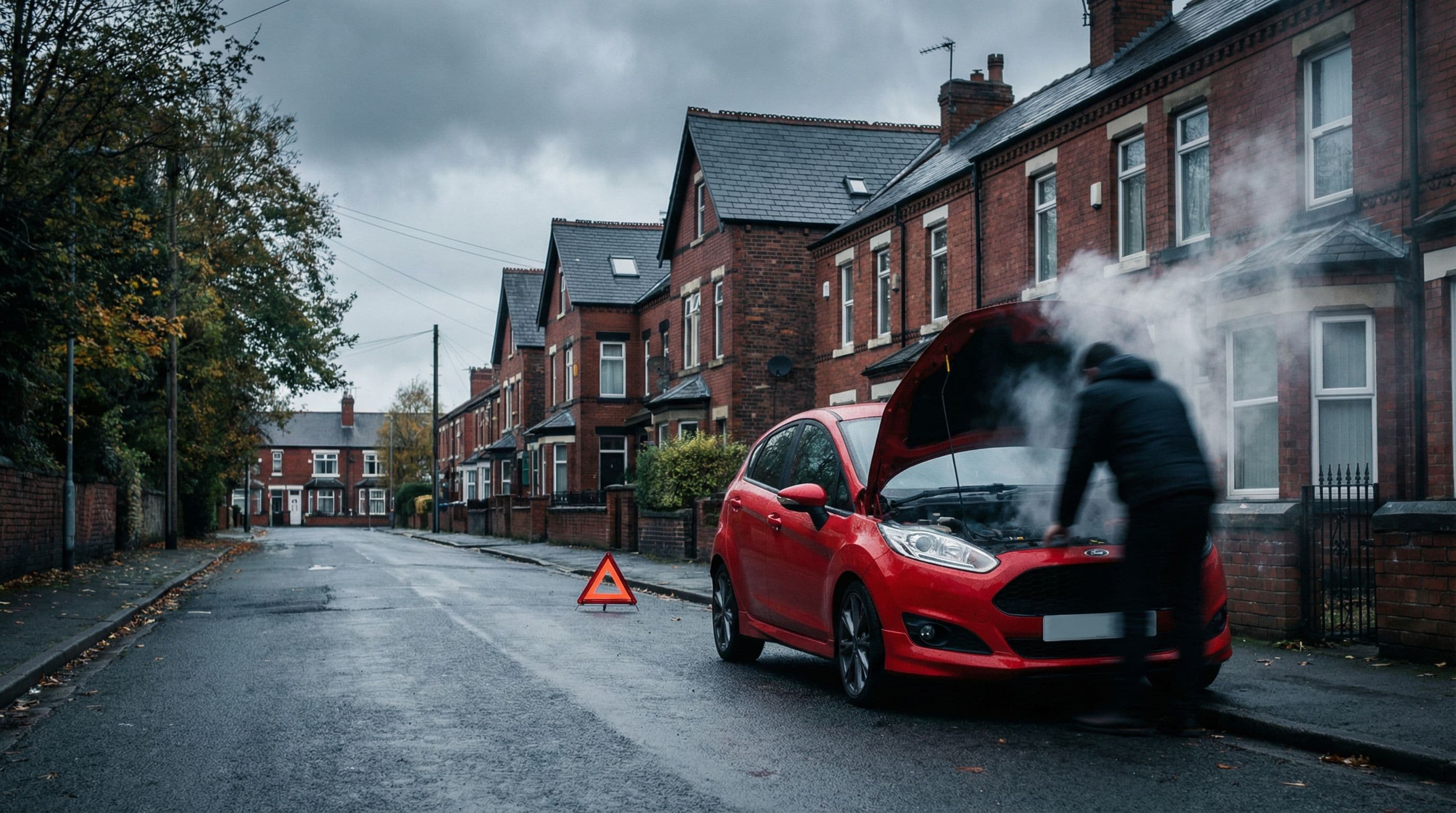 A Ford Fiesta with bonnet open and smoke billowing on a UK residential street