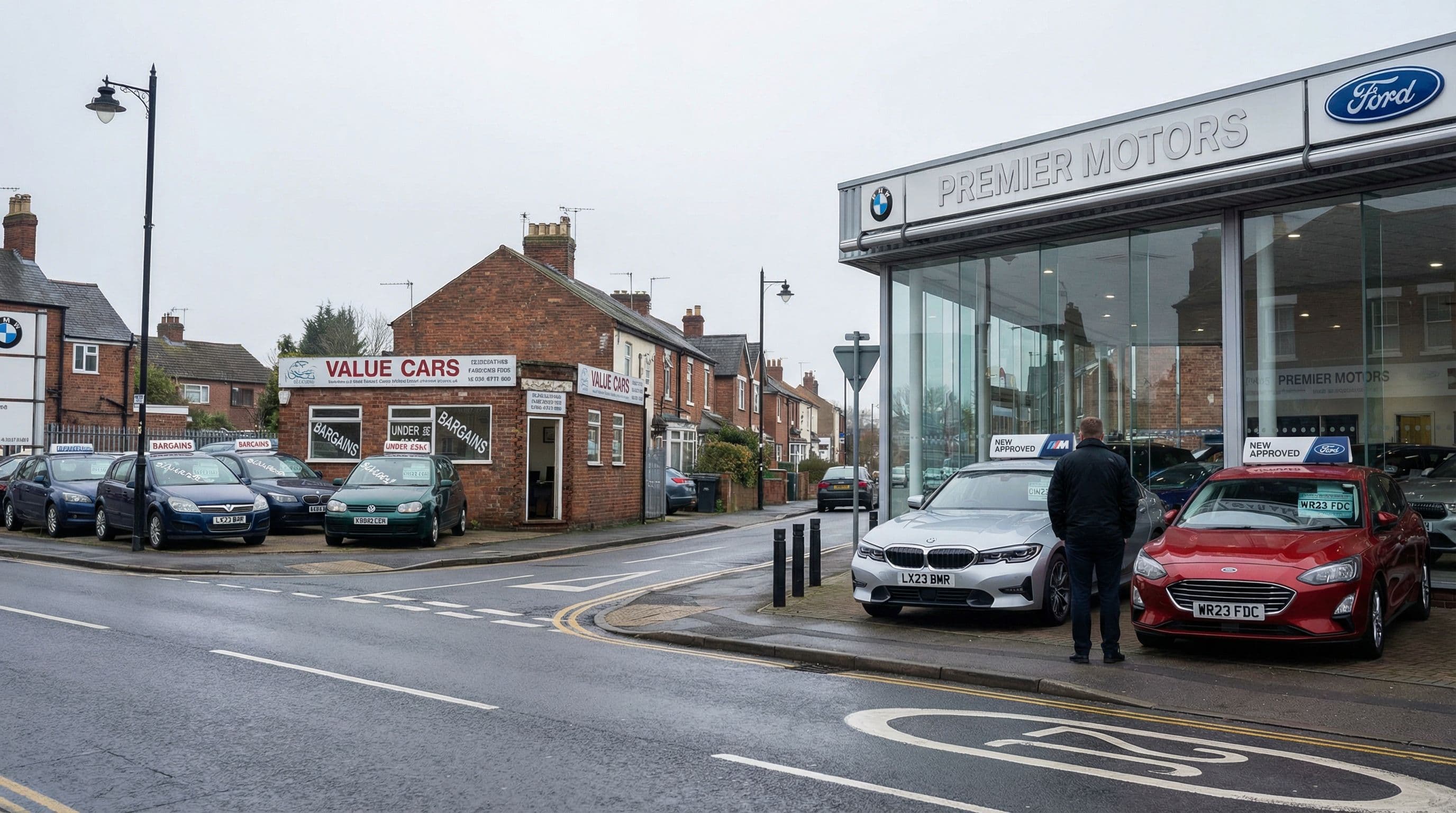 Franchised dealership and independent car lot showcase different buying experiences