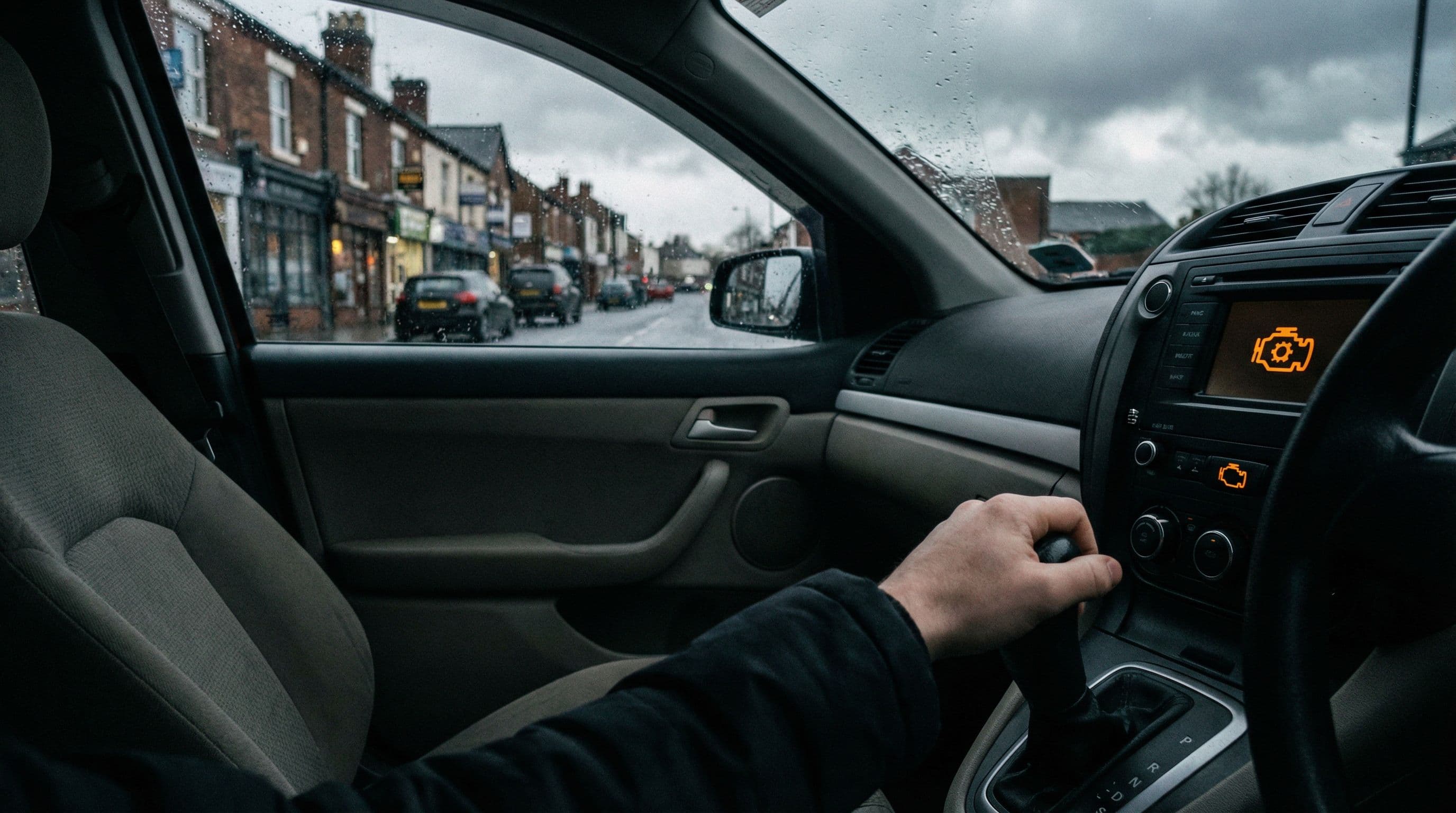 Dashboard showing transmission warning light with driver's hand frozen on the gear stick