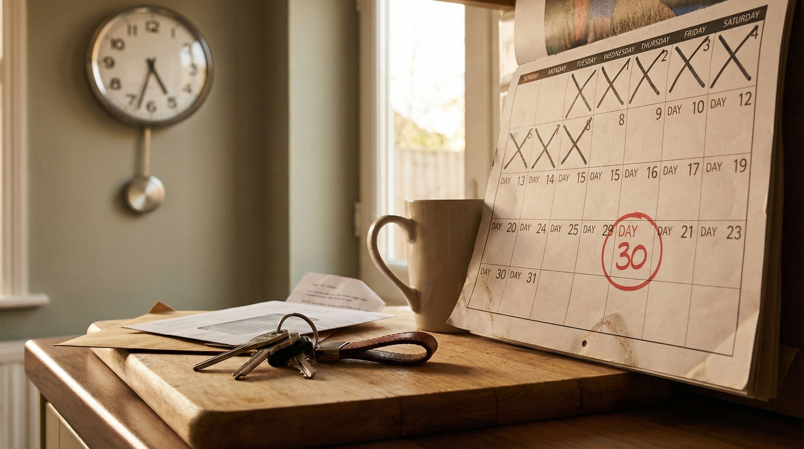 Calendar with dates circled and car keys on a kitchen counter, conveying urgency