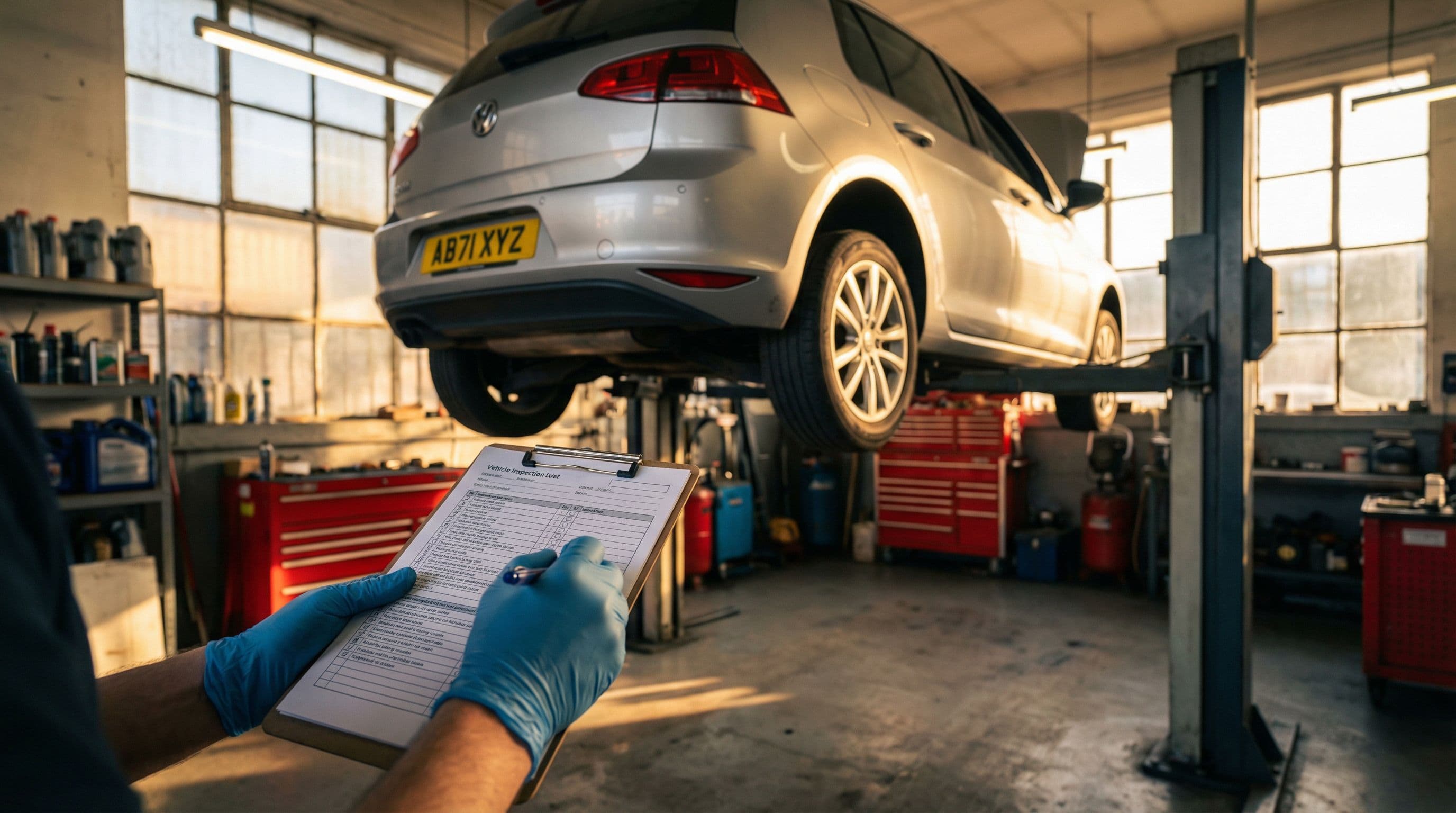 Mechanic documents vehicle condition during thorough pre-purchase inspection in workshop