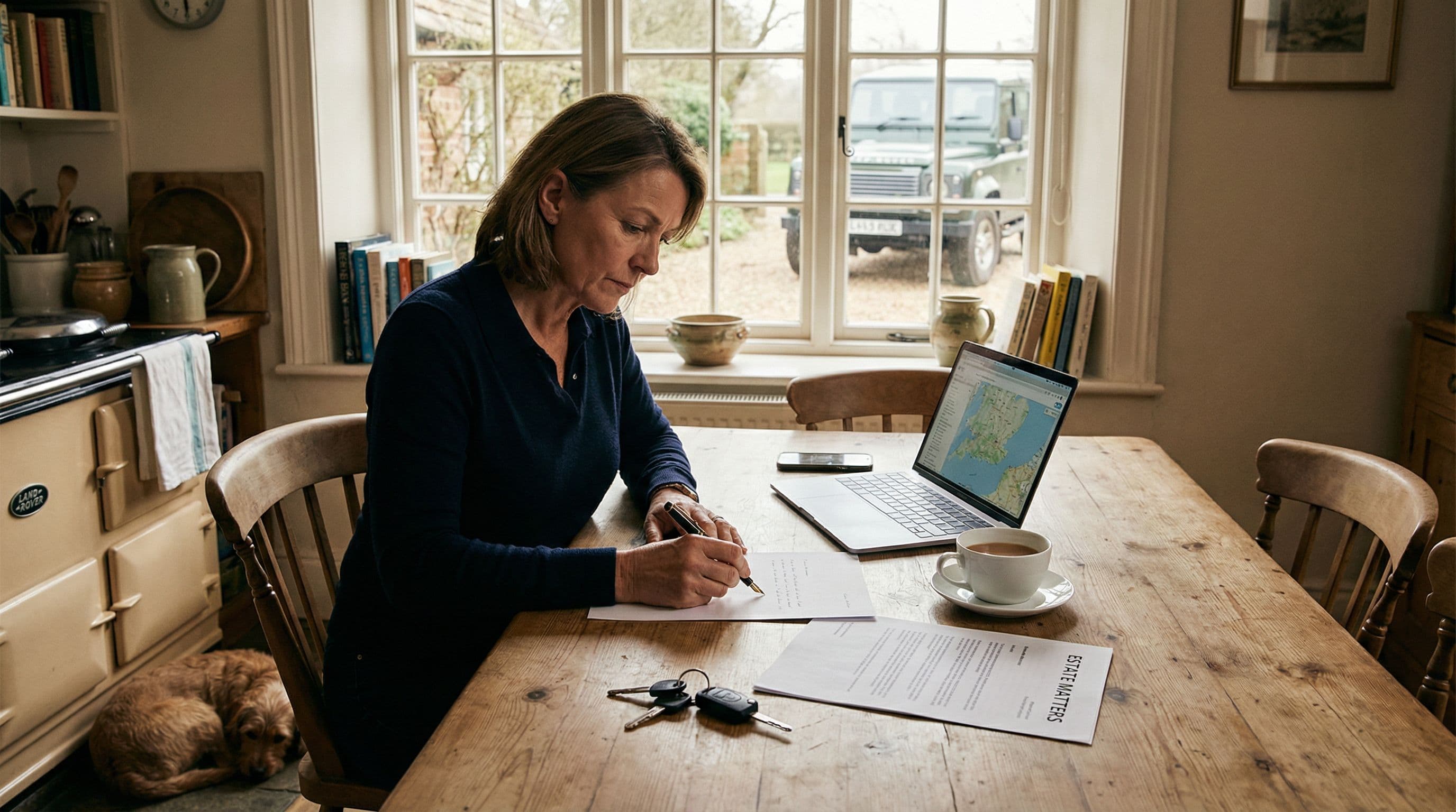 Person writing a formal letter at a kitchen table with car keys and documents beside them