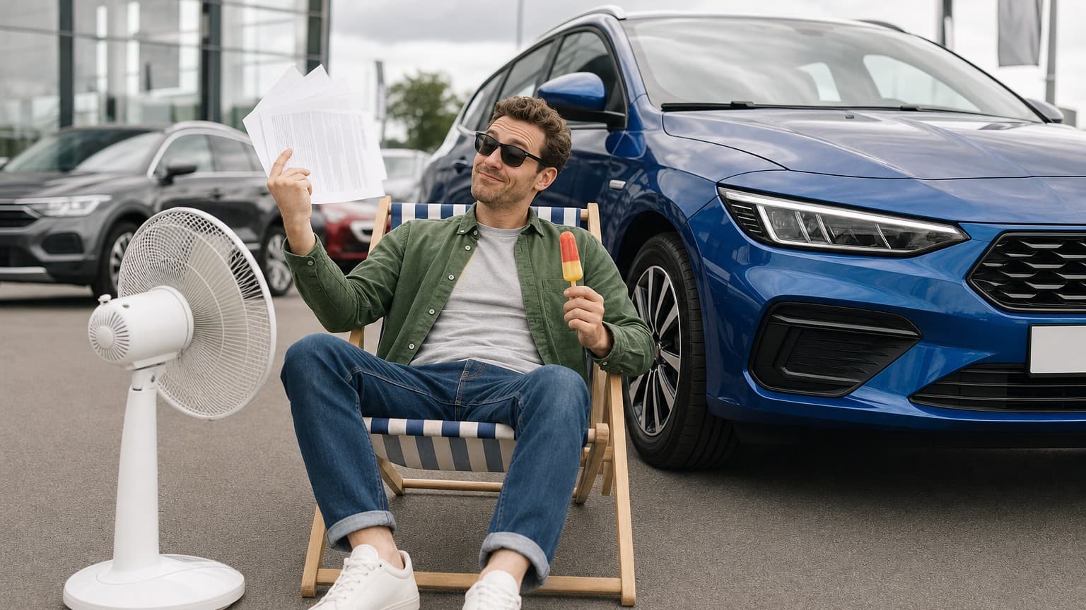 A buyer studies the paperwork before signing for a new car.