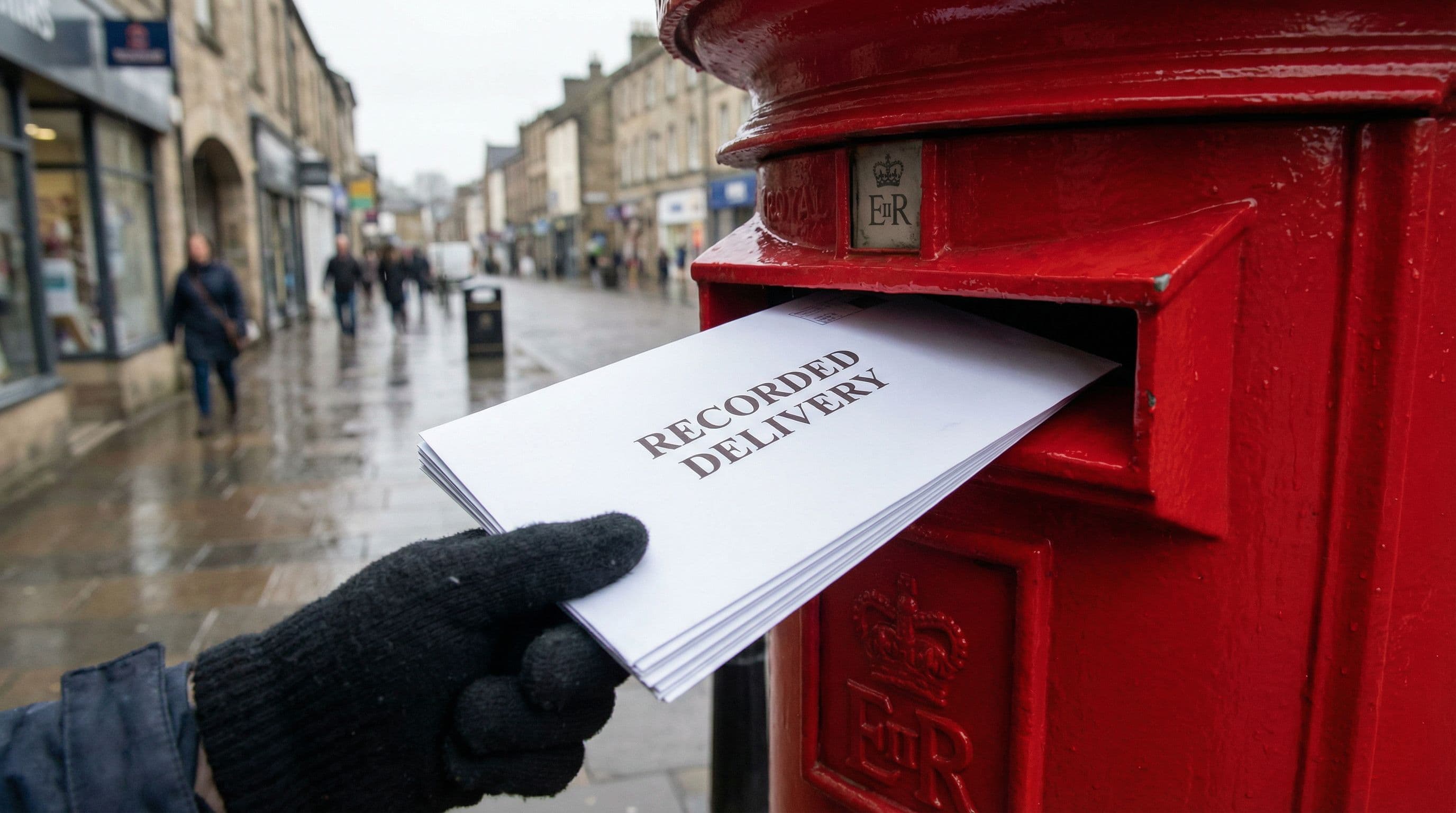 A formal letter being posted through a red letterbox on a UK high street