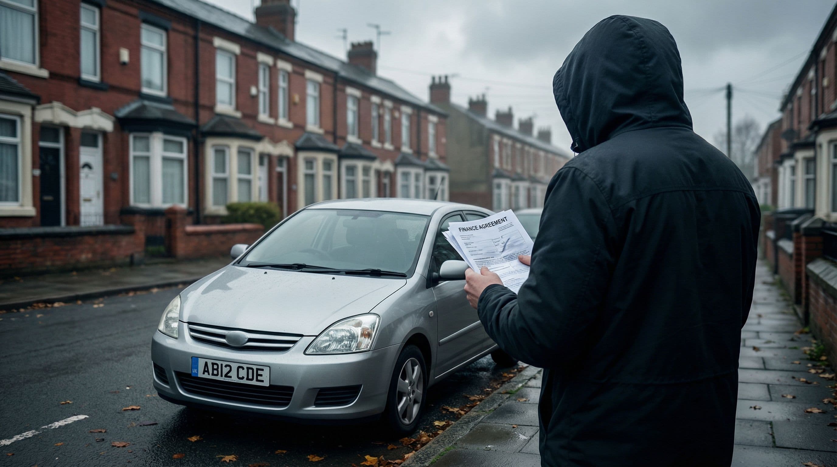 Car owner reviews finance documents beside their vehicle on residential street