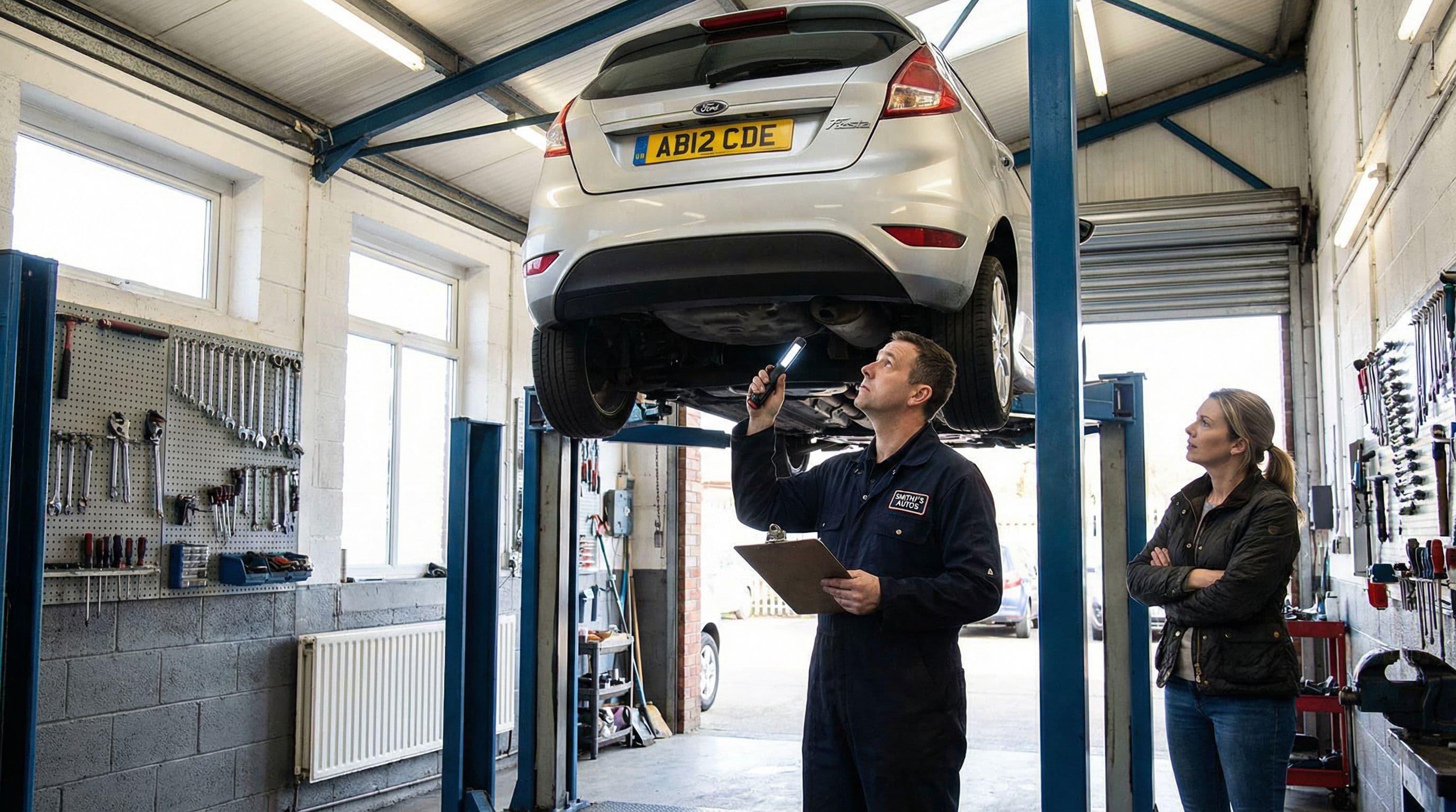 Mechanic with clipboard inspecting underneath a car on a lift in a UK garage