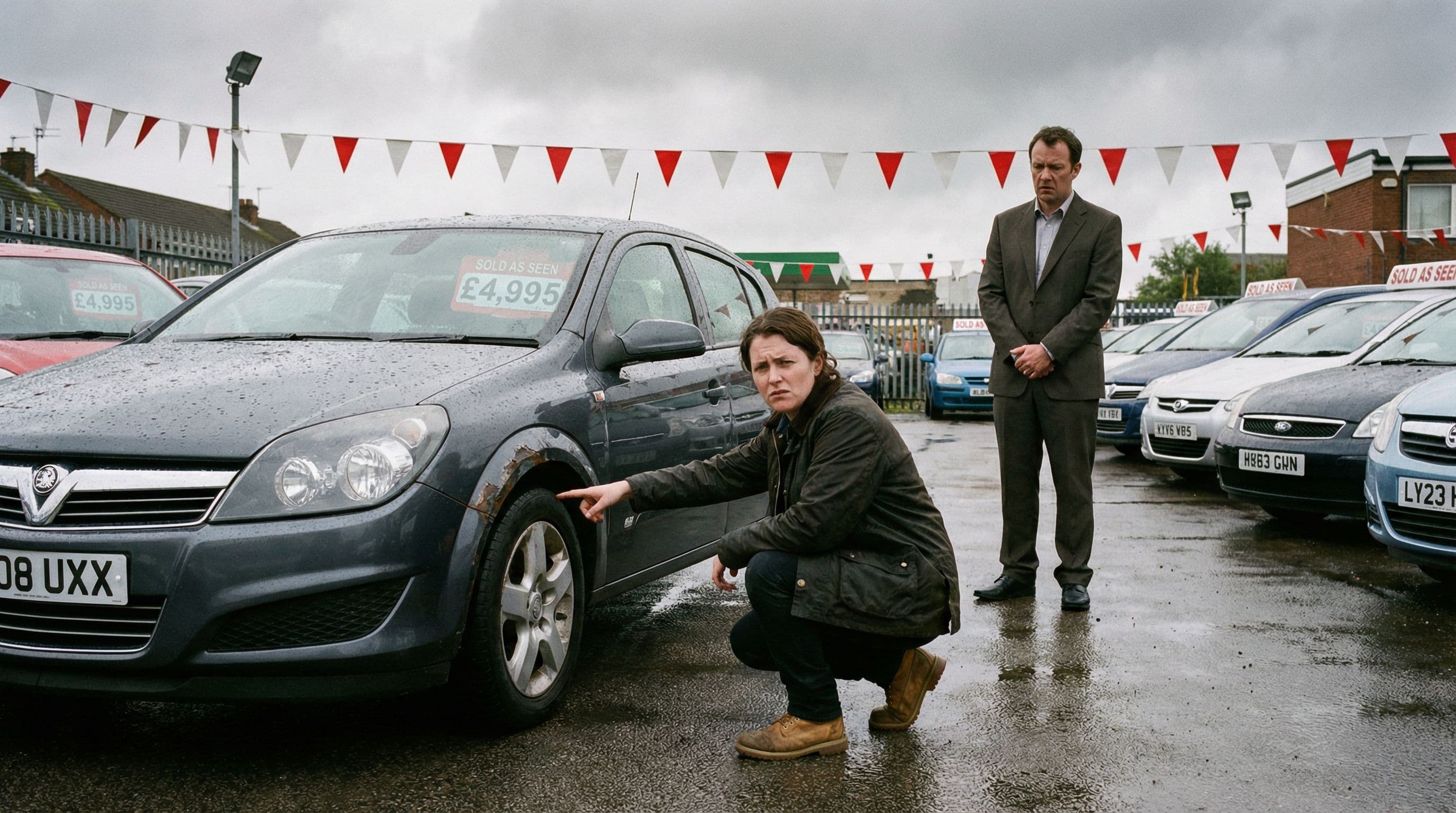 Buyer noticing something wrong while viewing a used car on a UK forecourt