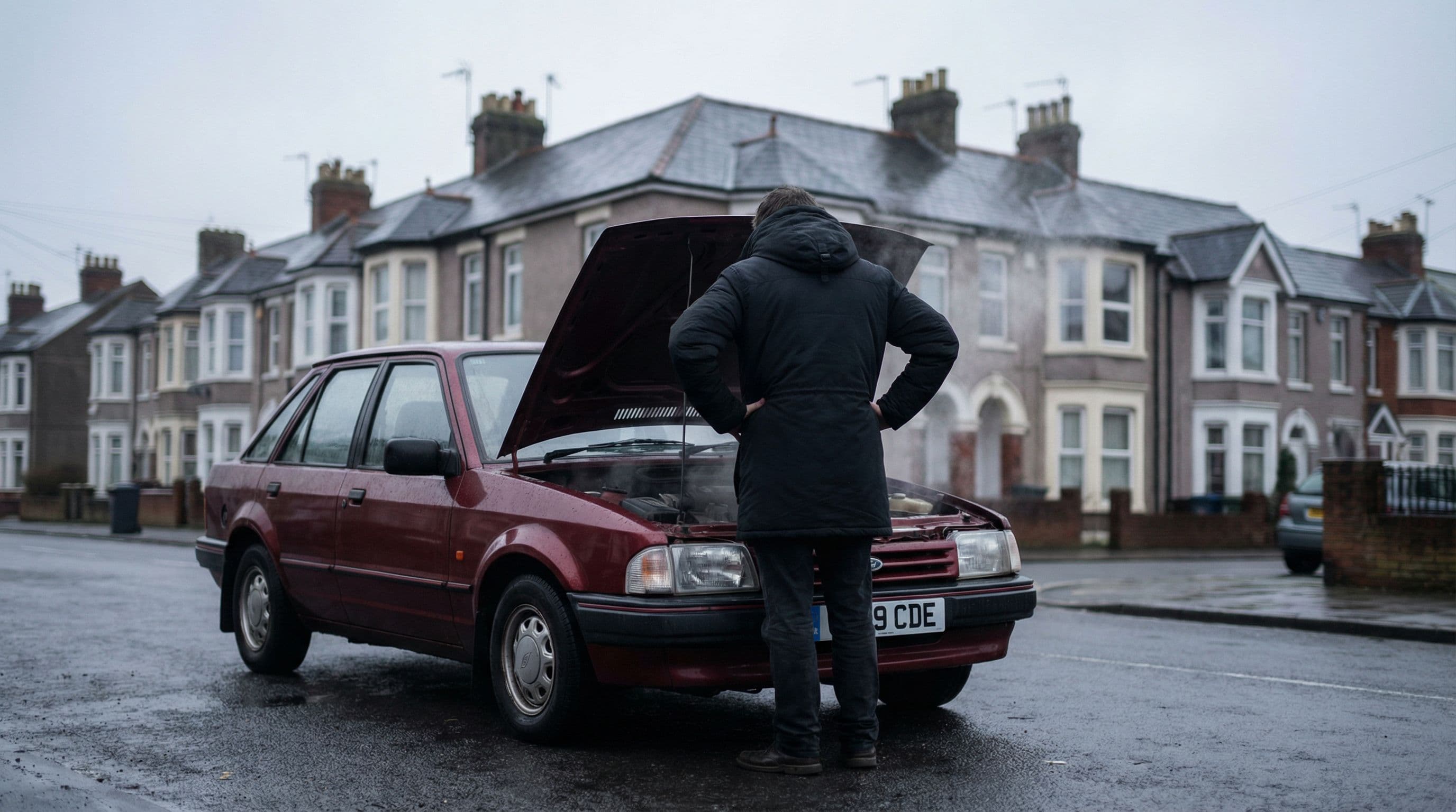 A car owner faces engine problems with their vehicle on a residential street