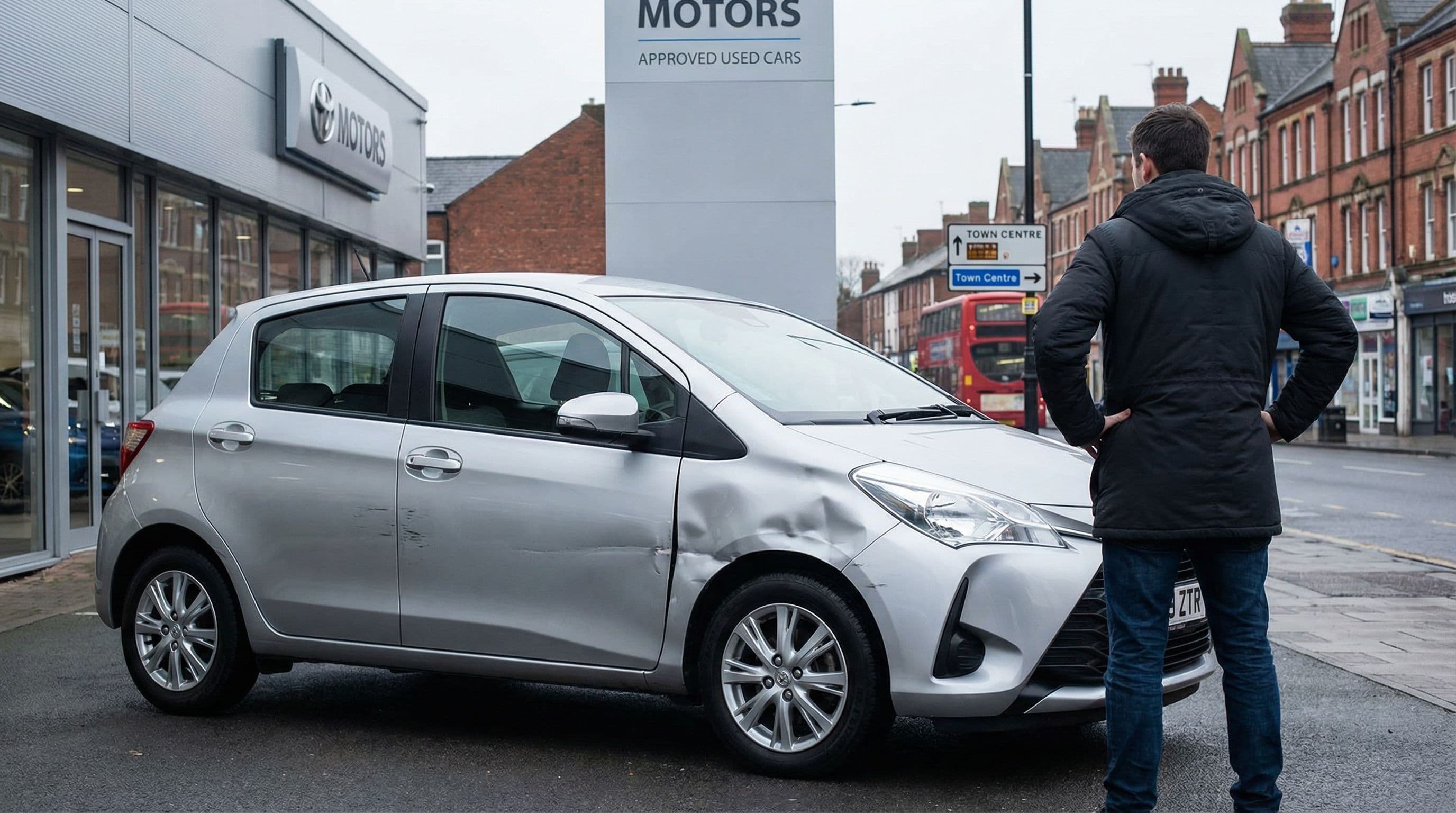 A damaged vehicle sits outside a UK dealership following delivery issues