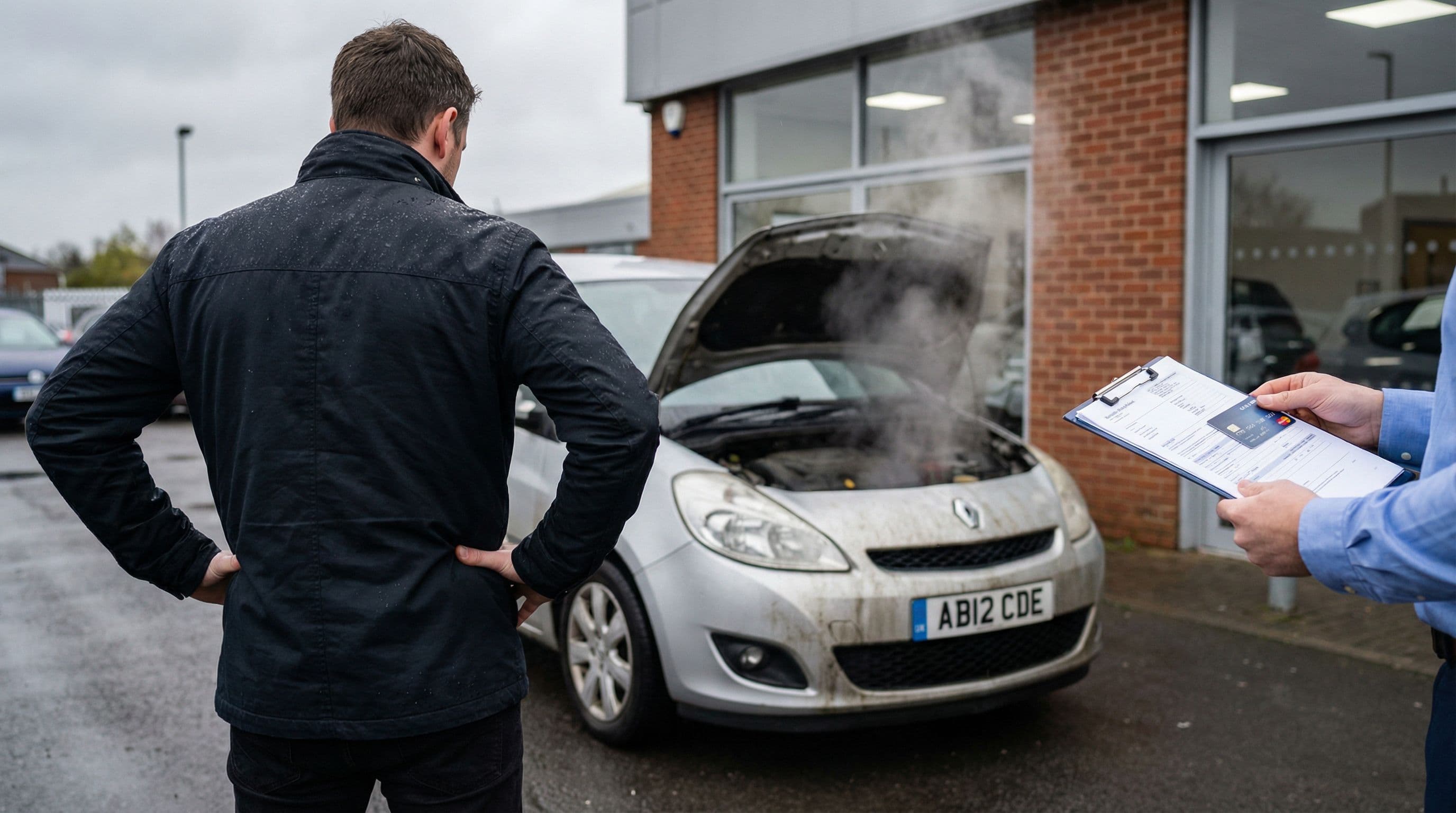 A disappointed customer examines their faulty vehicle at a UK car dealership