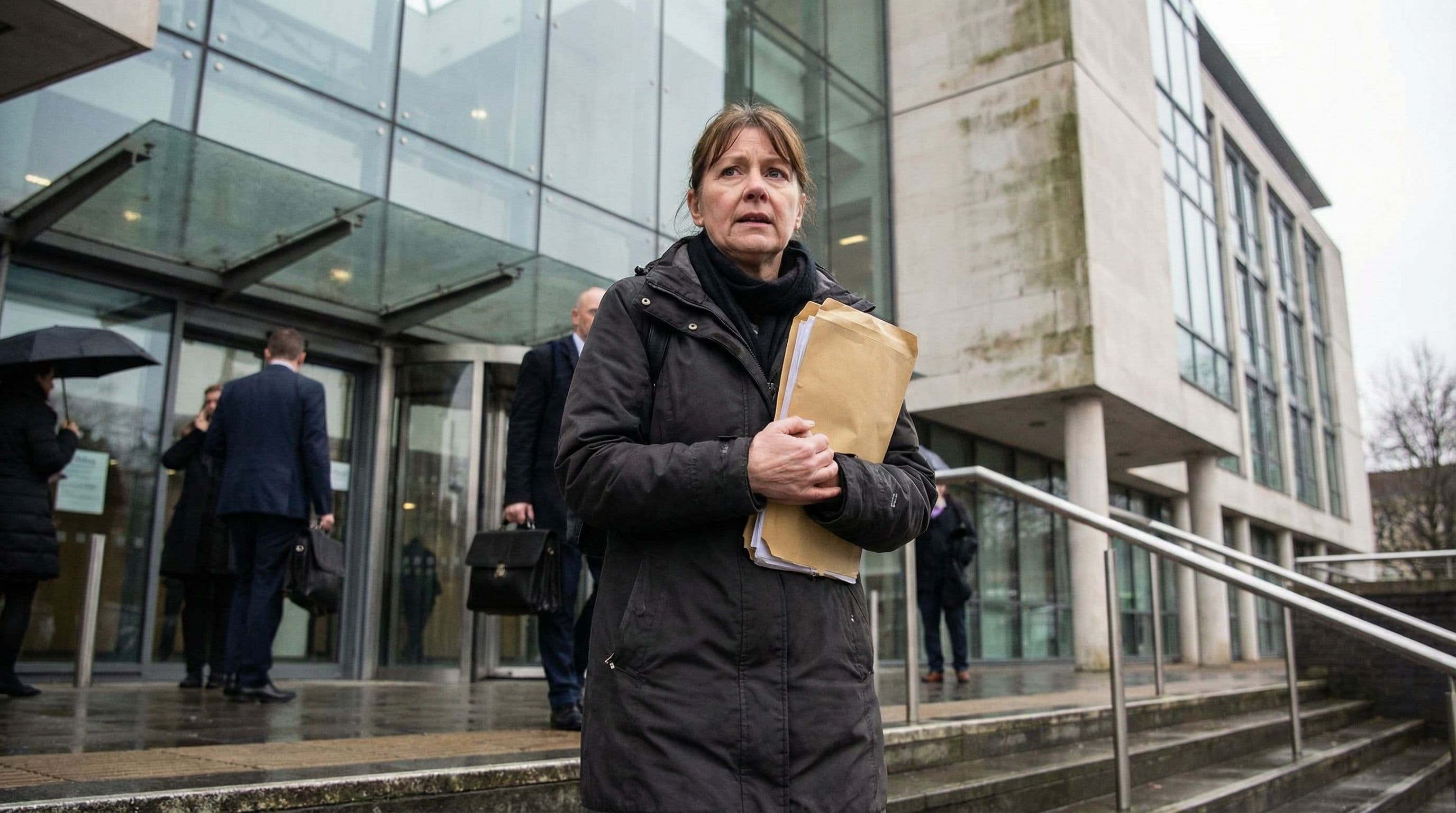 Person walking into a modern UK county court building clutching paperwork