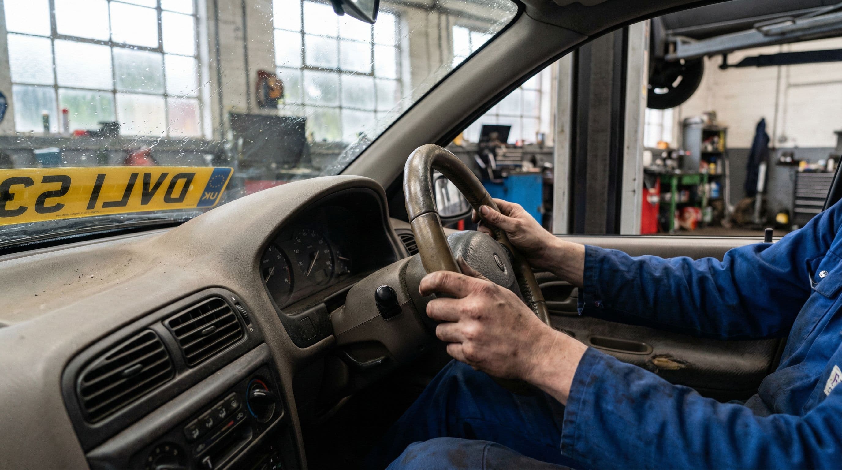 Mechanic tests steering wheel play during vehicle safety inspection