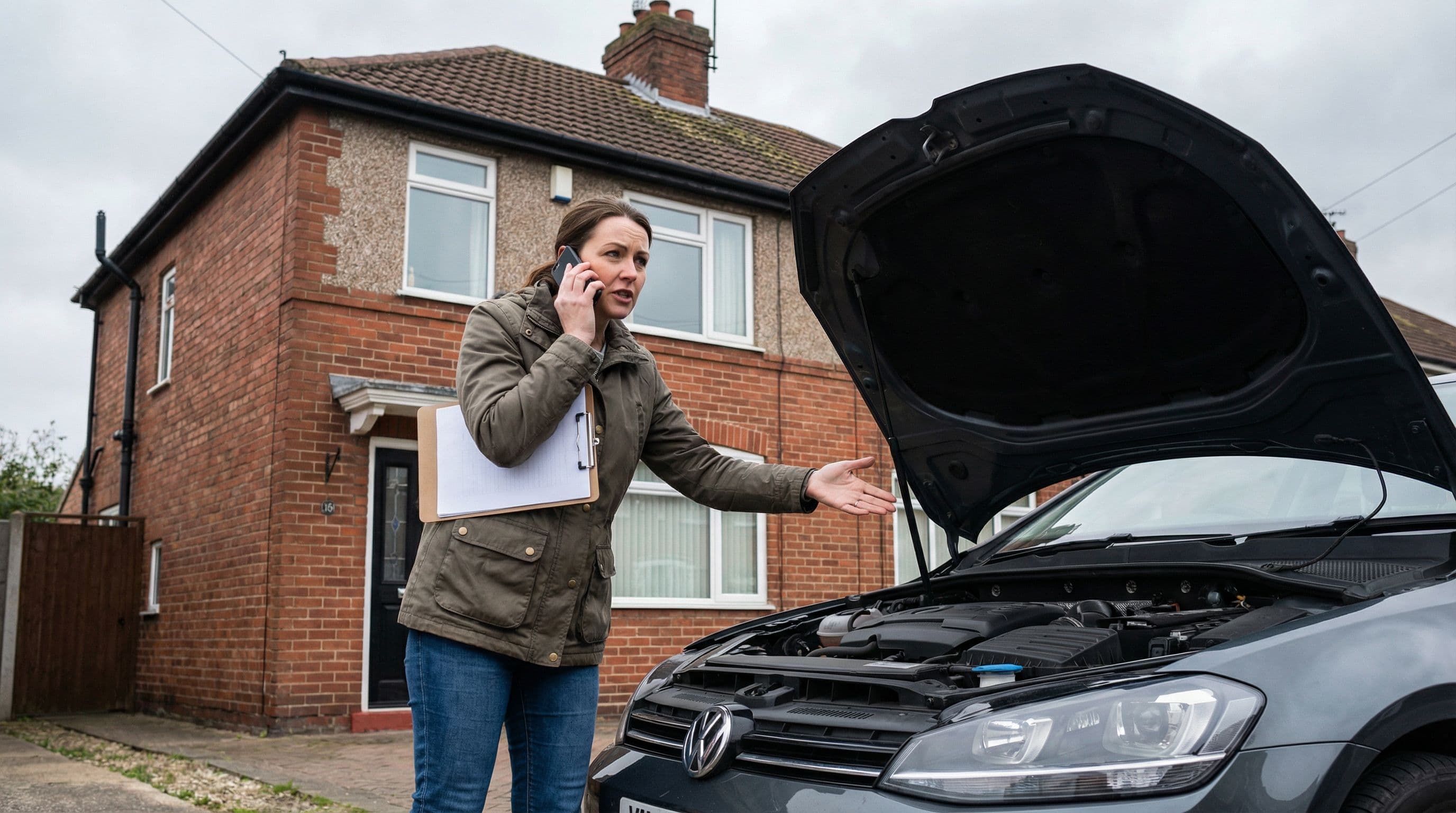 Person making a phone call while gesturing at a faulty car on their UK driveway