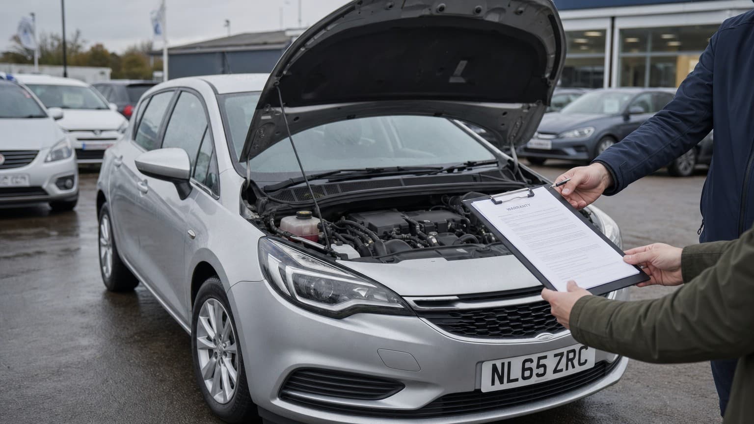A dealer hands over warranty paperwork beside a used car's open bonnet.