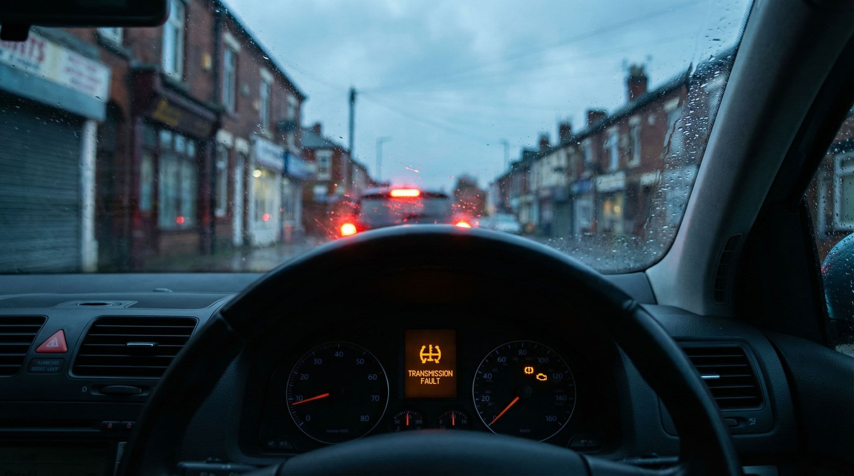 Dashboard warning lights glowing in a VW Golf stuck in UK traffic
