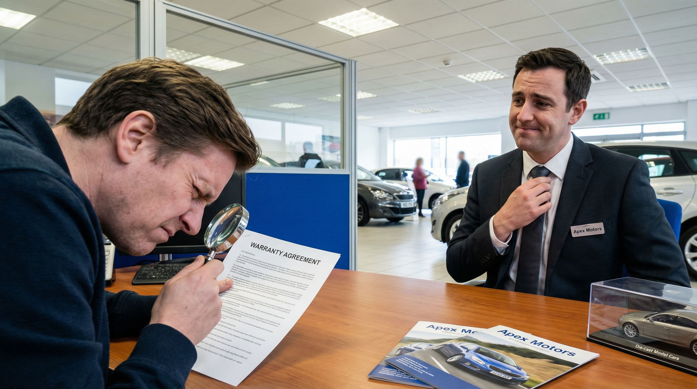 Person reading warranty fine print at a dealer desk looking confused