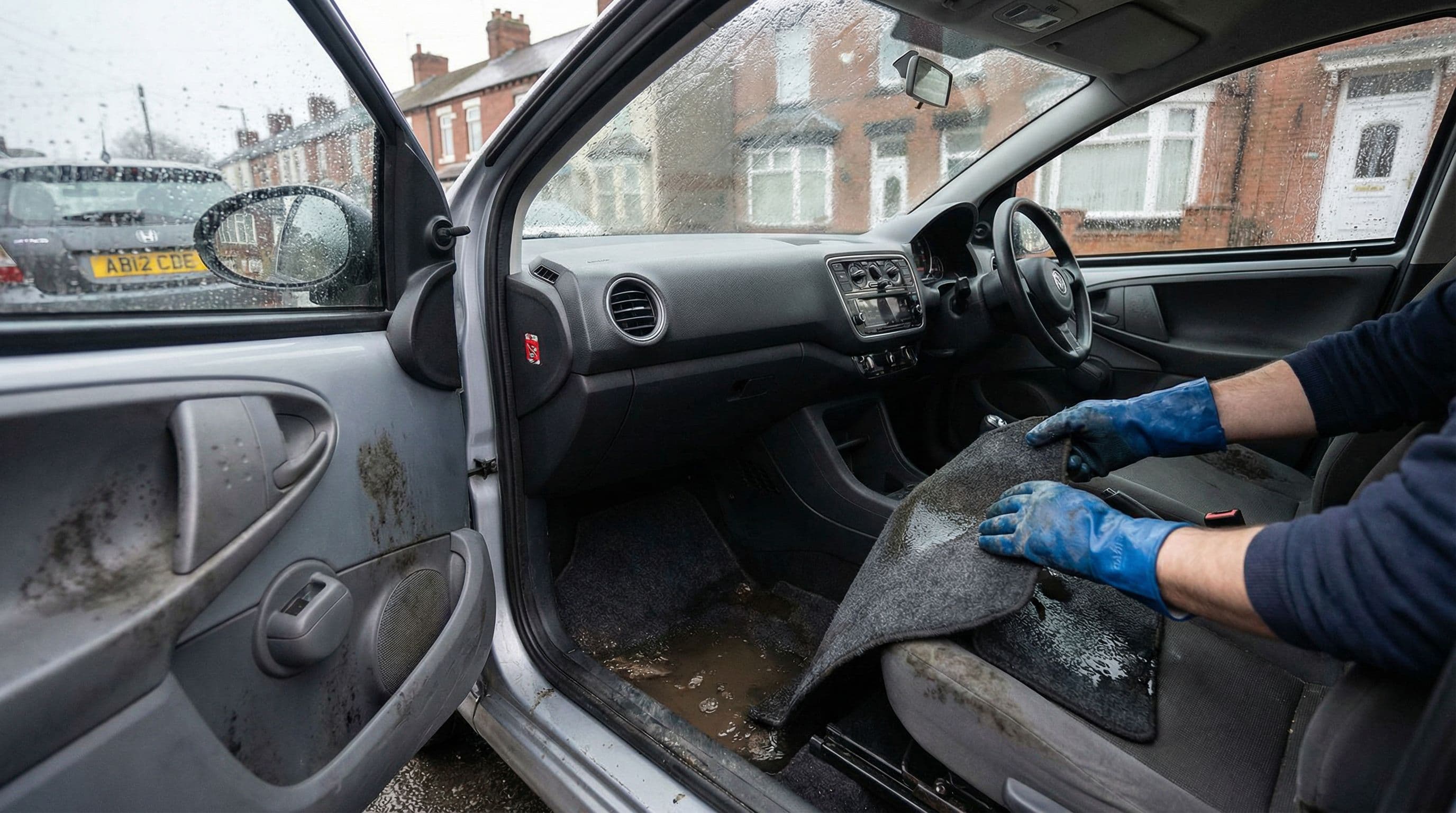 Water-damaged car interior showing soaked carpets and condensation on windows