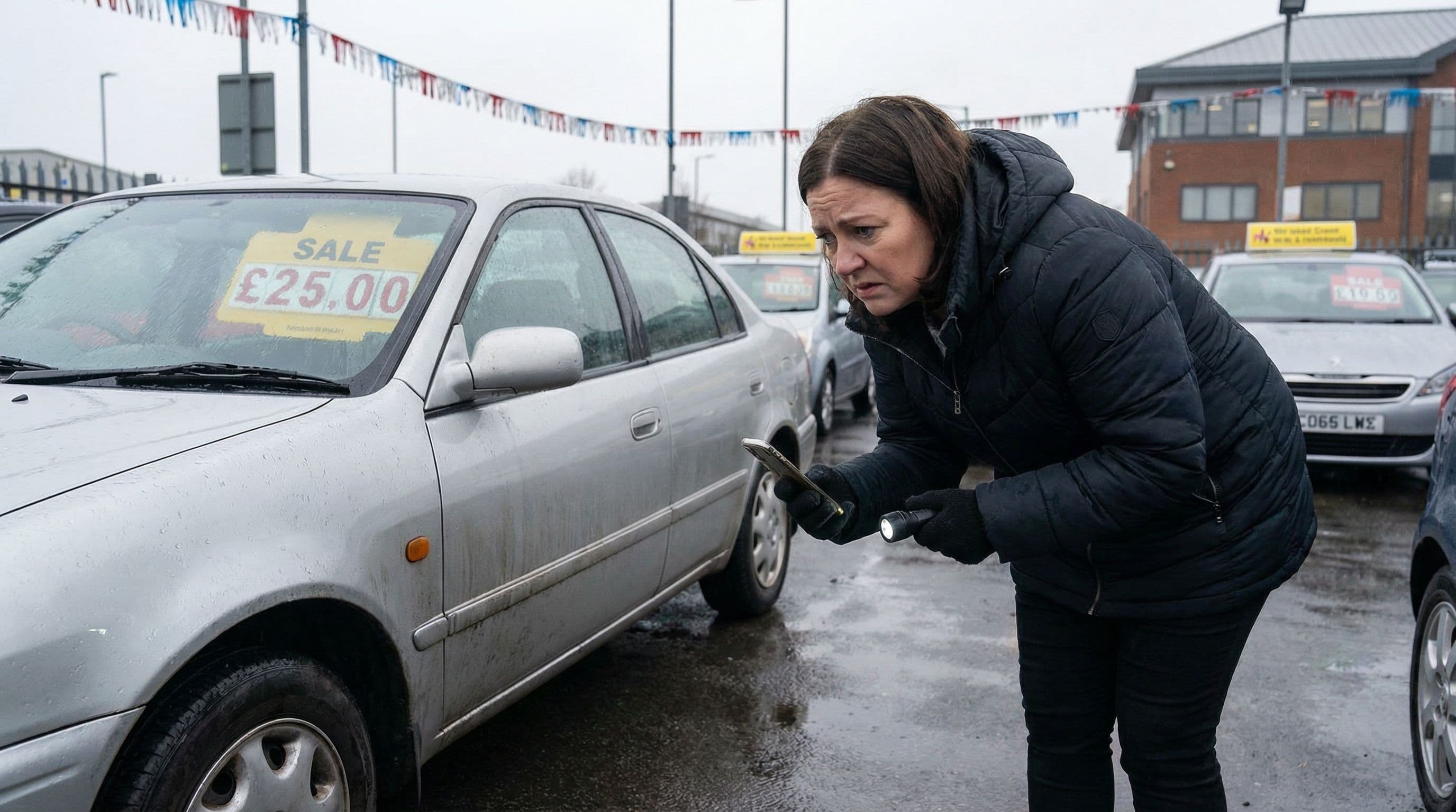 Person crouching to inspect the underside of a used car on a UK dealer forecourt