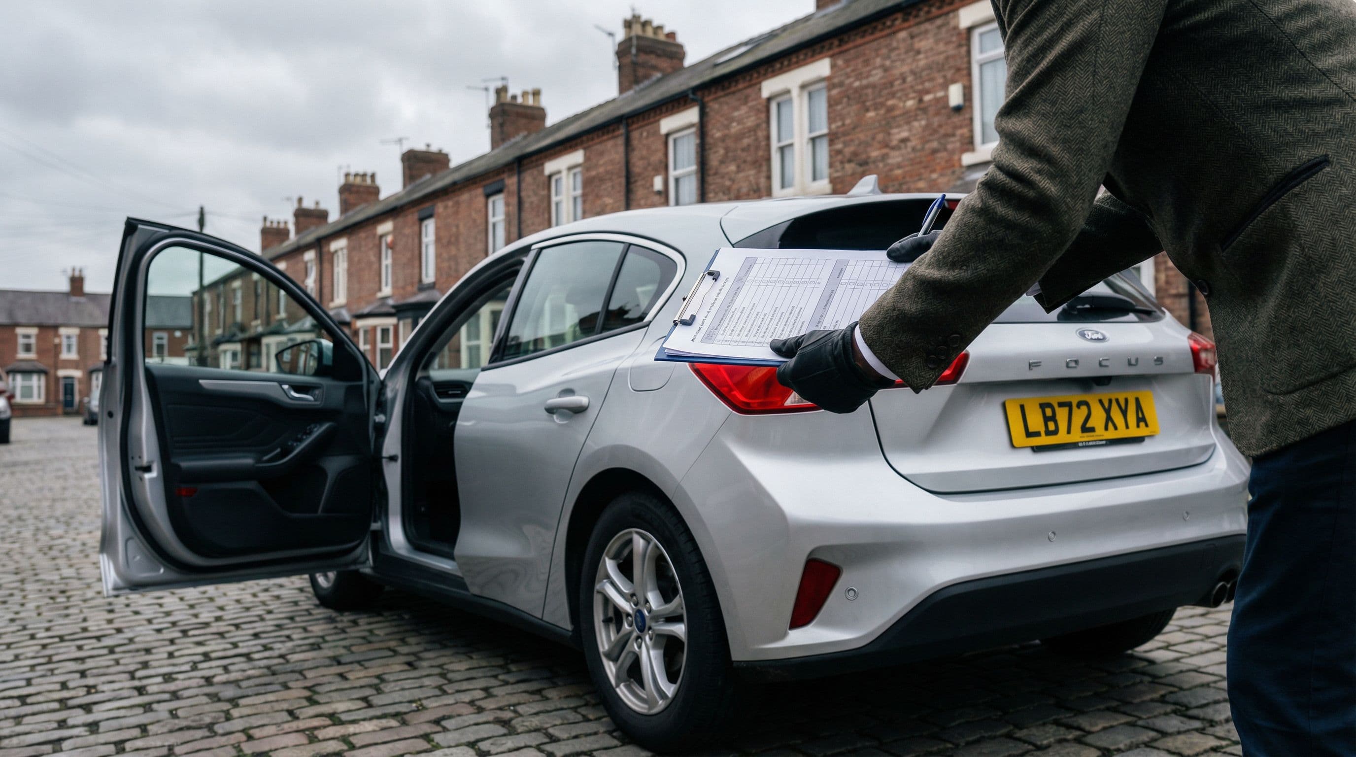 Inspector documents vehicle defects during formal car rejection assessment