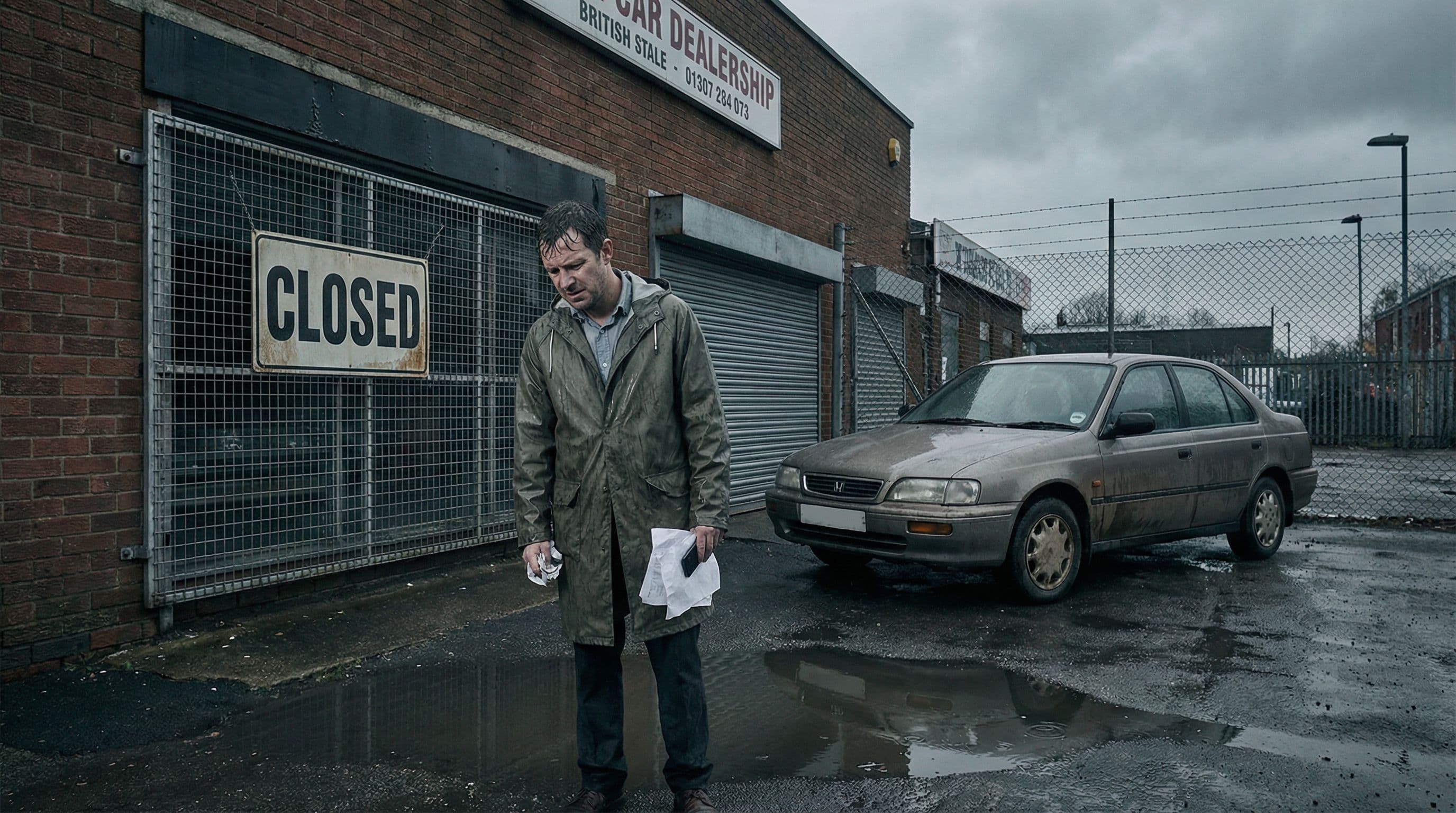 Frustrated person standing outside a closed car dealership holding rejection paperwork