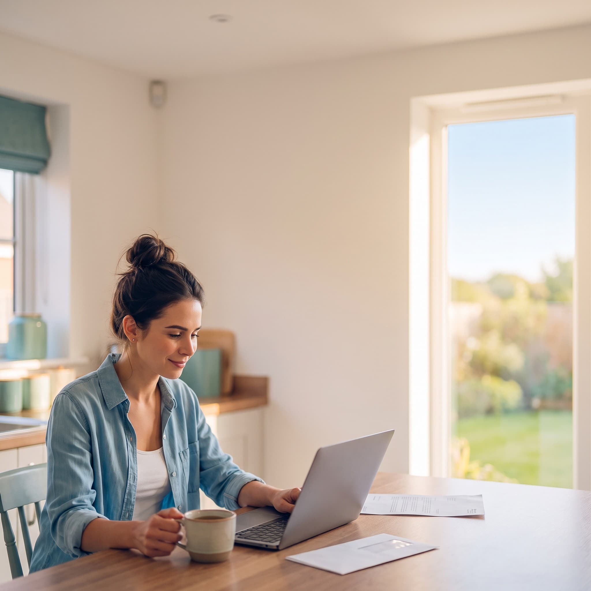 The same woman at her kitchen table with her laptop, her case running, the posted letter beside her