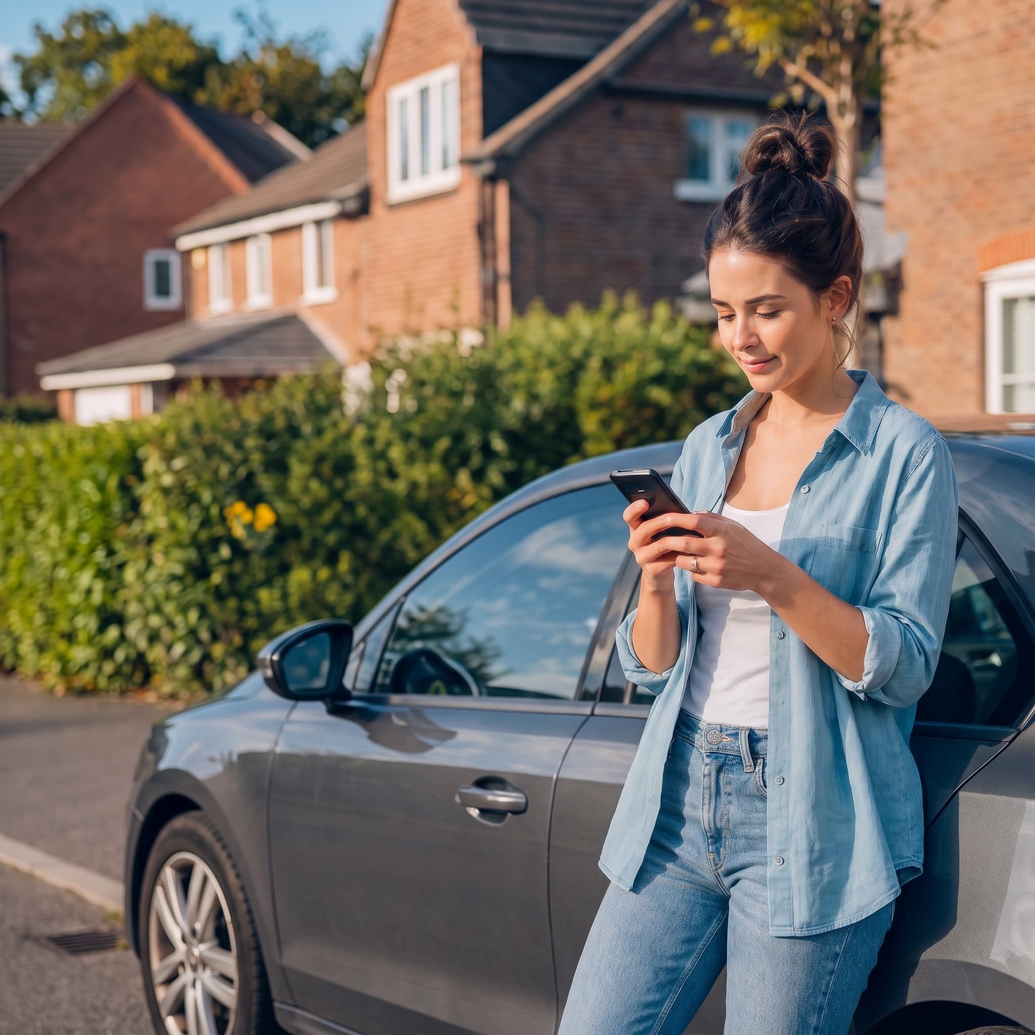 A woman on her driveway checking her car's details on her phone