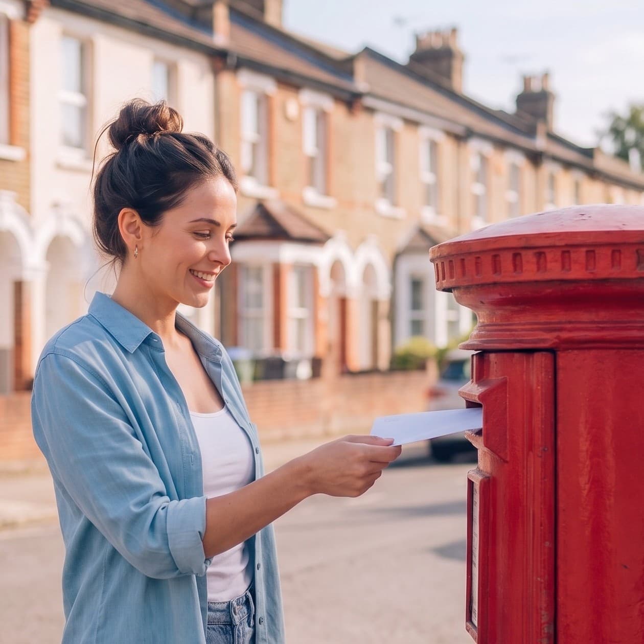 A woman posting her rejection letter into a red post box