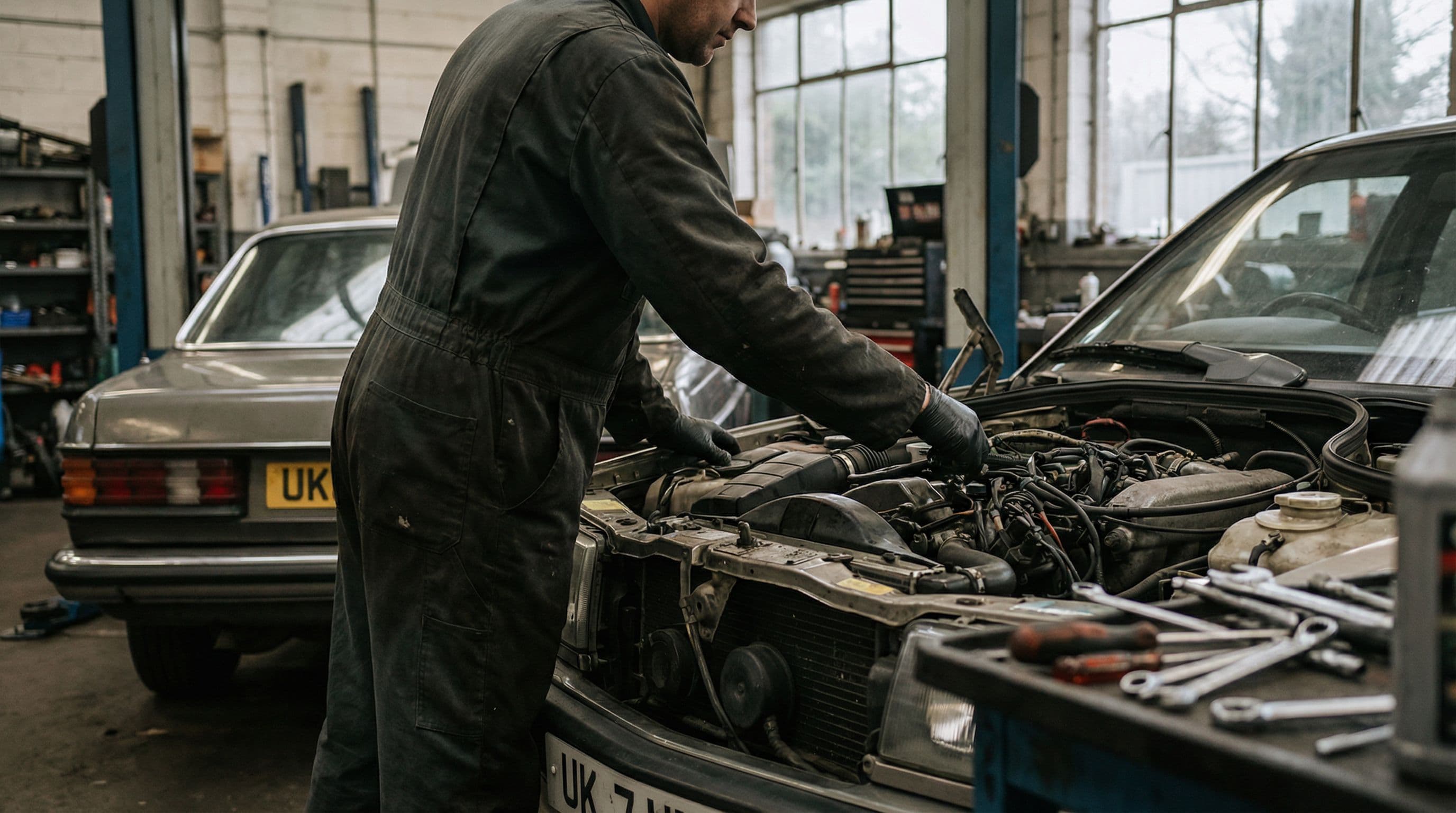 Mechanic examines engine components during vehicle safety inspection
