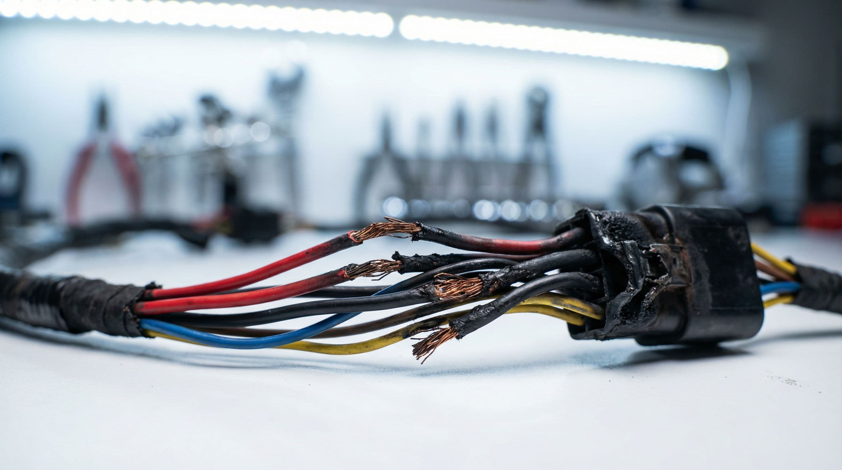 Damaged wiring harness shows heat damage during automotive safety inspection procedures.