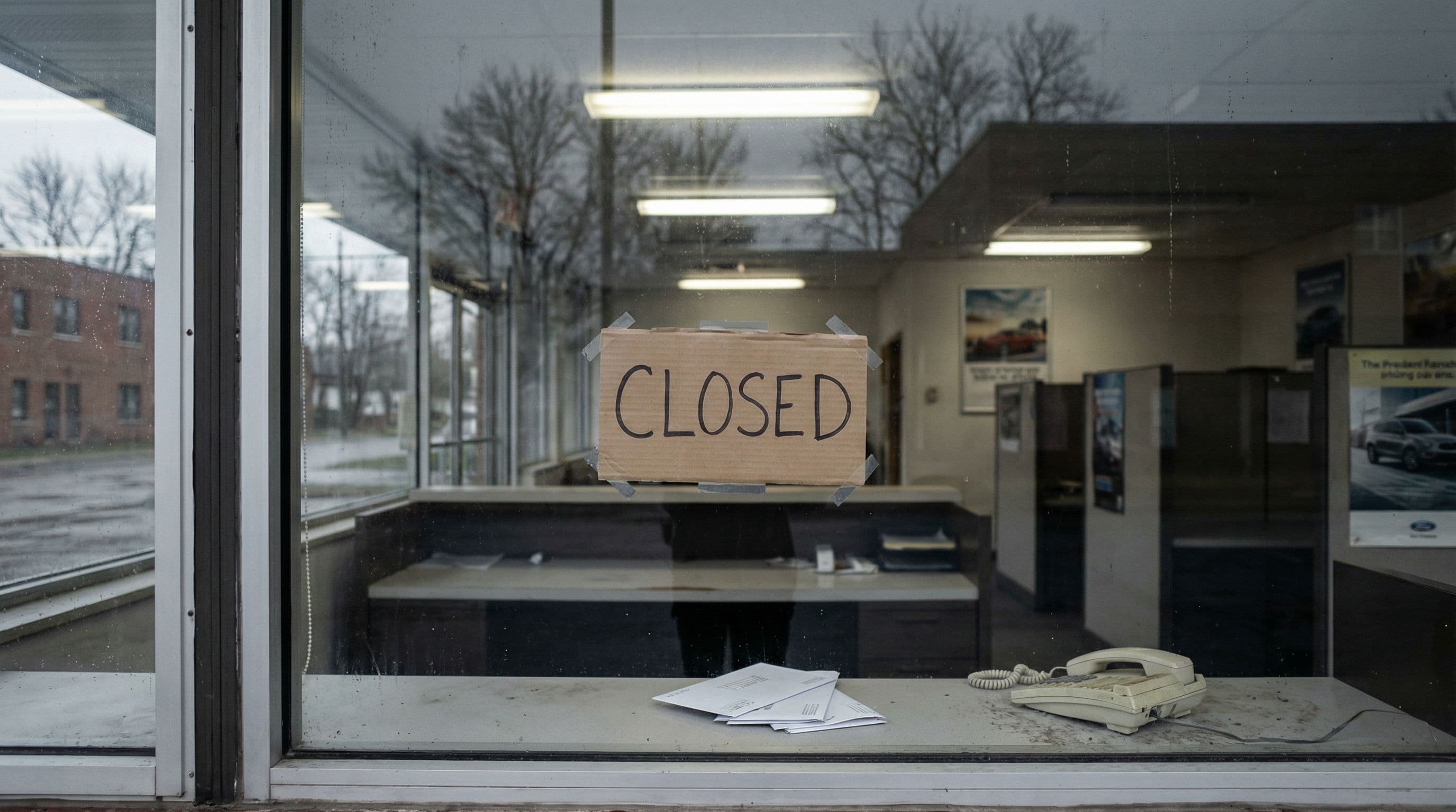 Empty dealership office sits closed following the fraud conviction announcement.