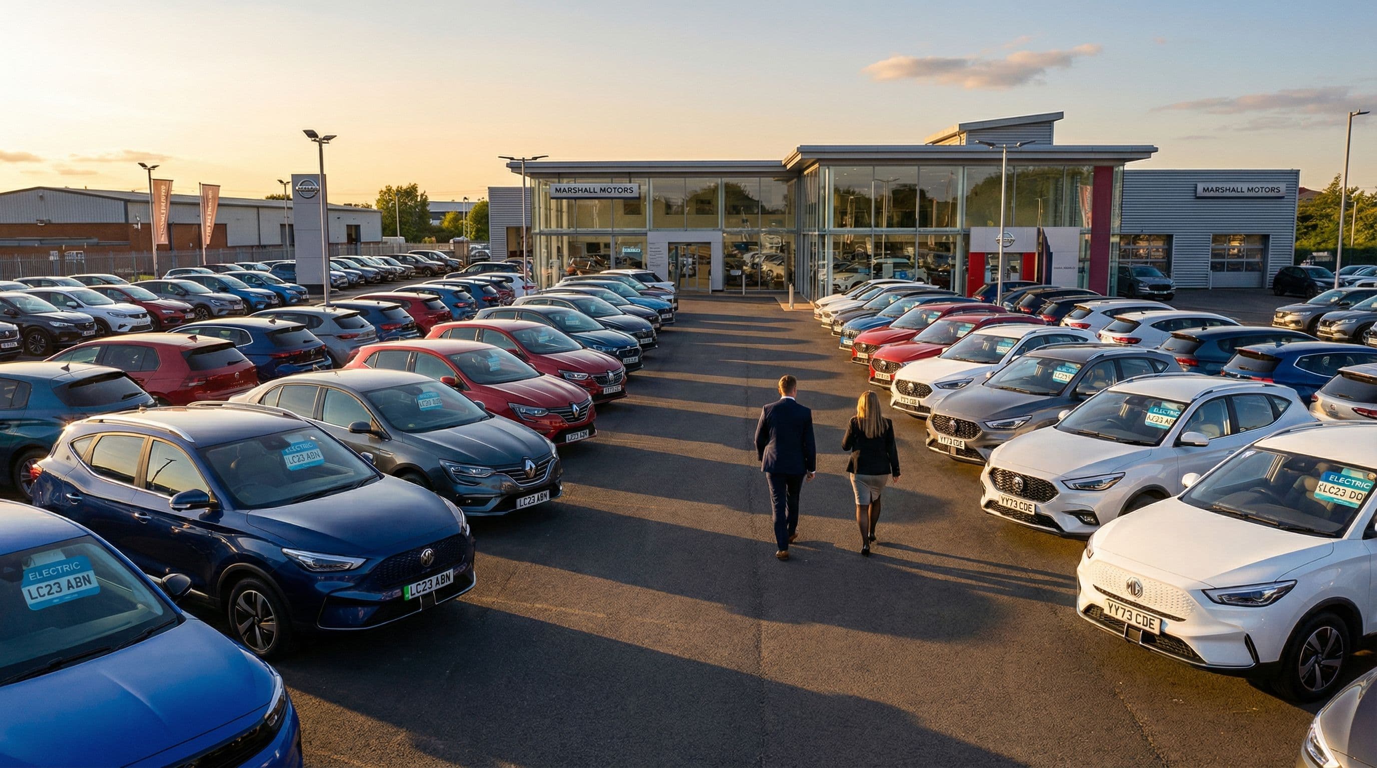 New cars lined up at a British dealership forecourt during evening hours.
