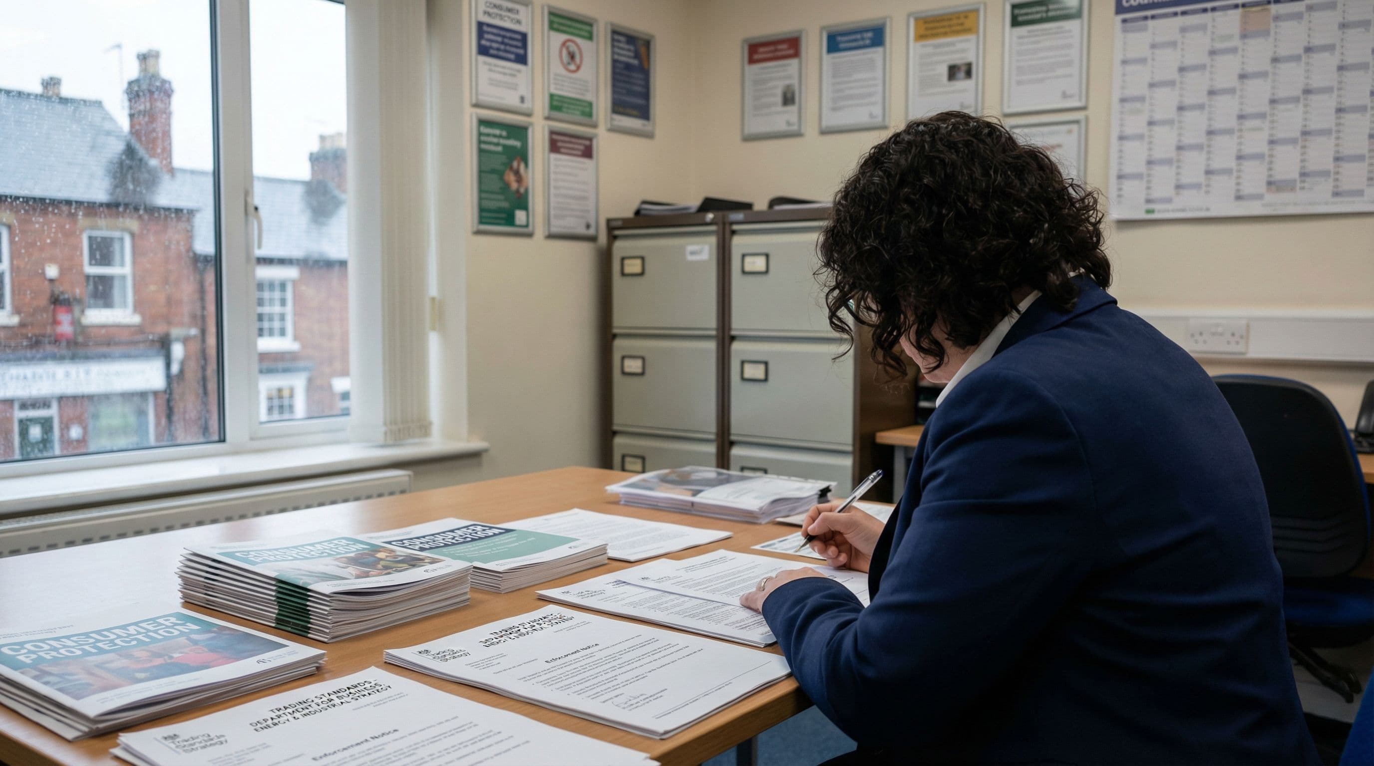 Trading Standards officer reviews enforcement documentation at their desk