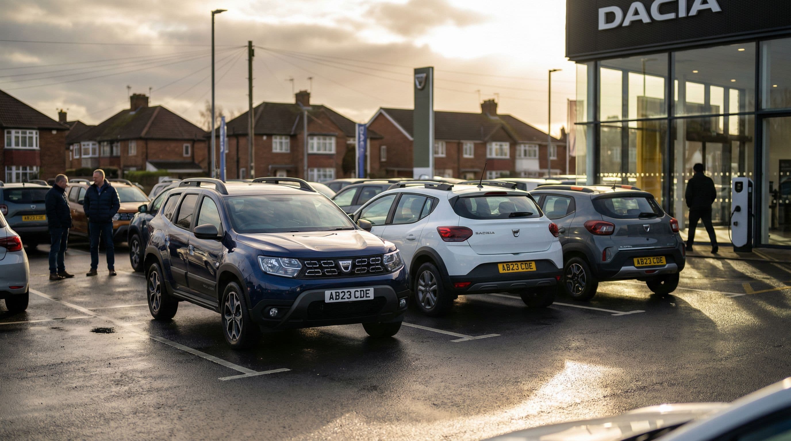 Mixed petrol and electric Dacia models displayed at a UK dealership forecourt.