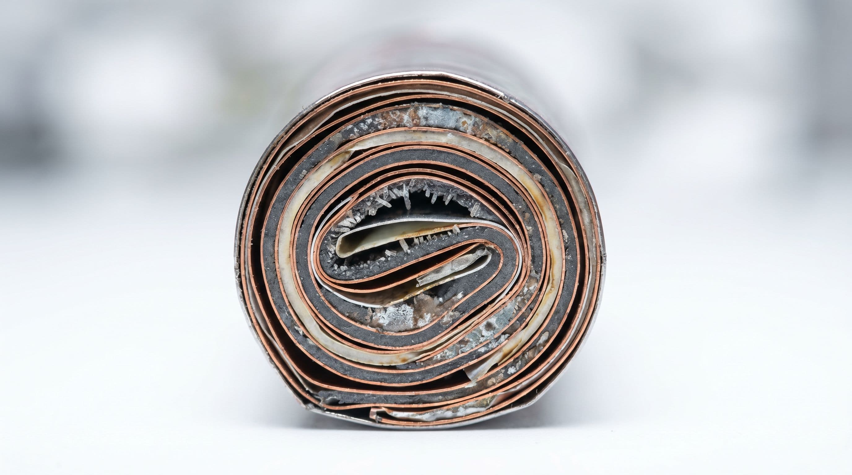 Cross-section of EV battery cell reveals internal degradation patterns after extended use.