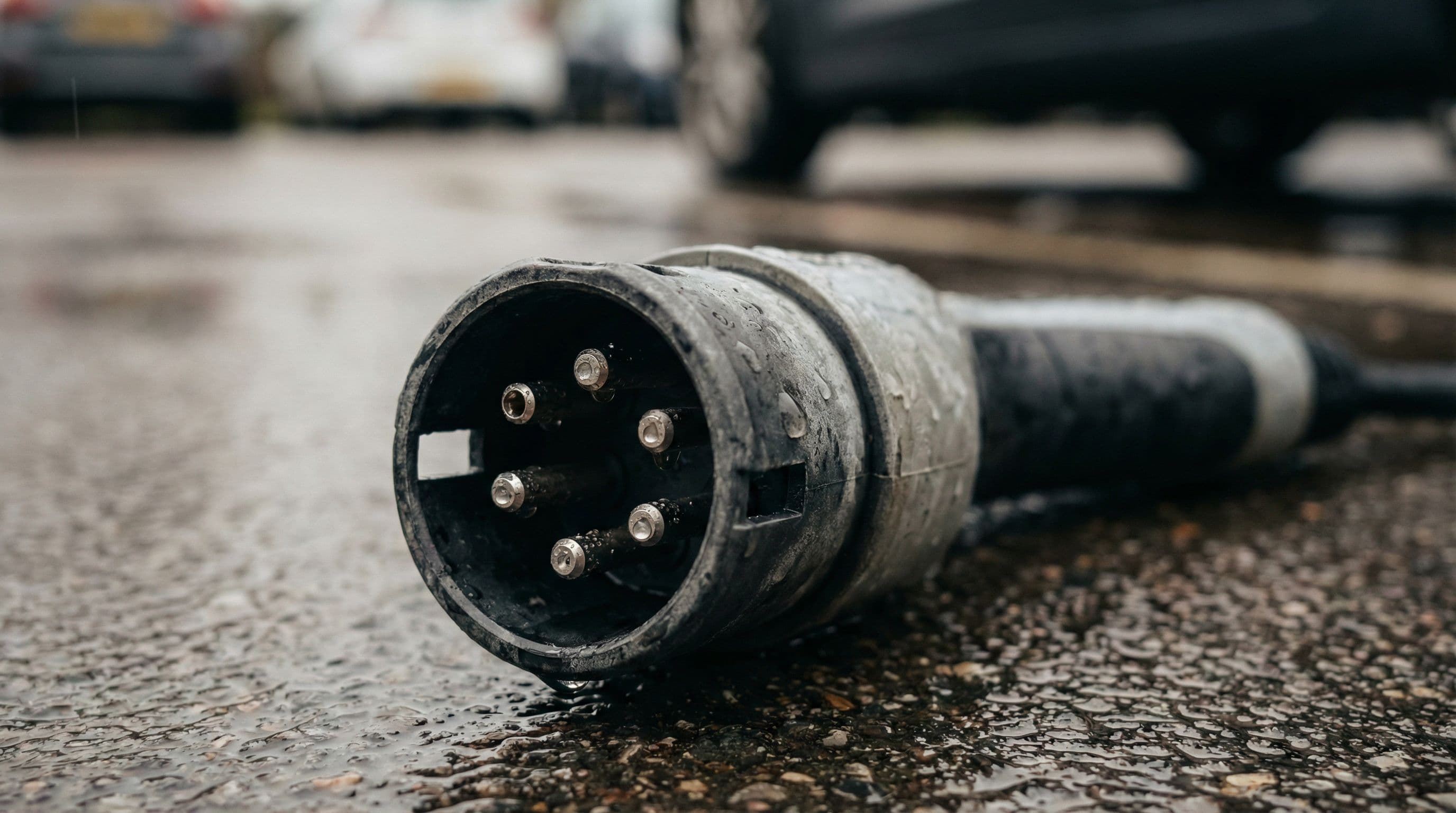 Unused EV charging connector lies abandoned on wet forecourt tarmac.