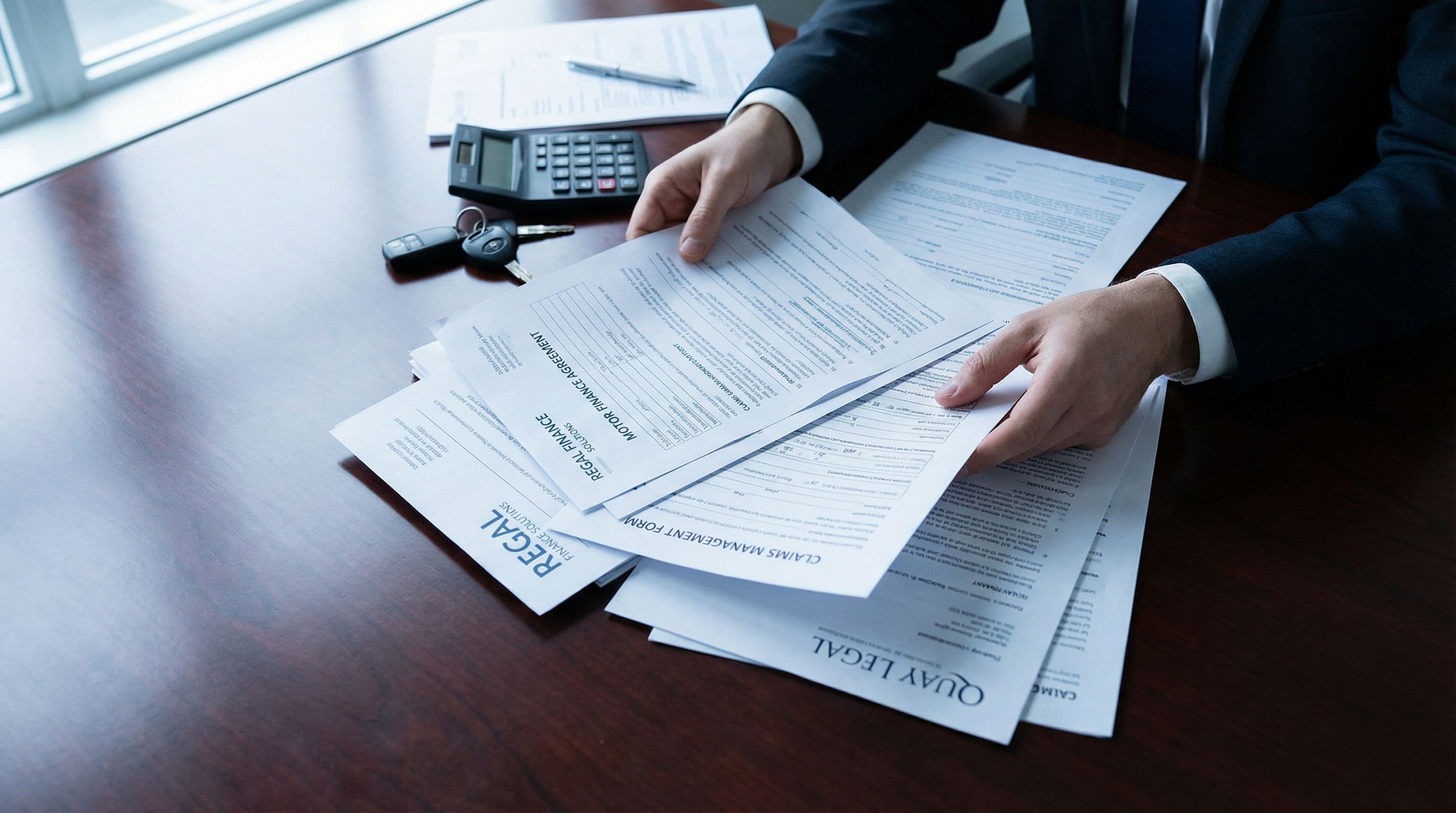 Multiple motor finance claim documents spread across a legal professional's desk