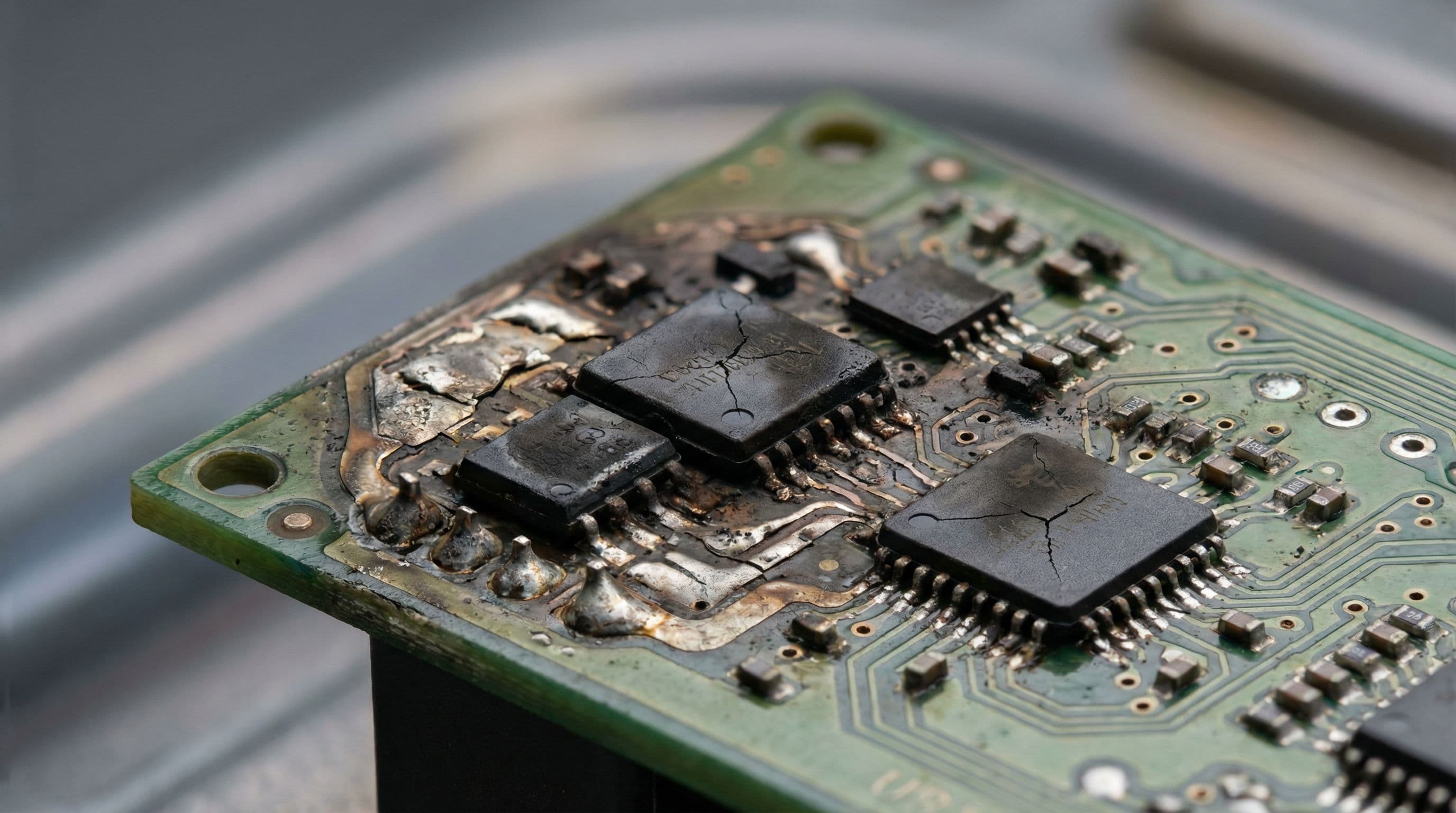 Damaged circuit board from recalled Jaecoo 7 shows heat stress fractures