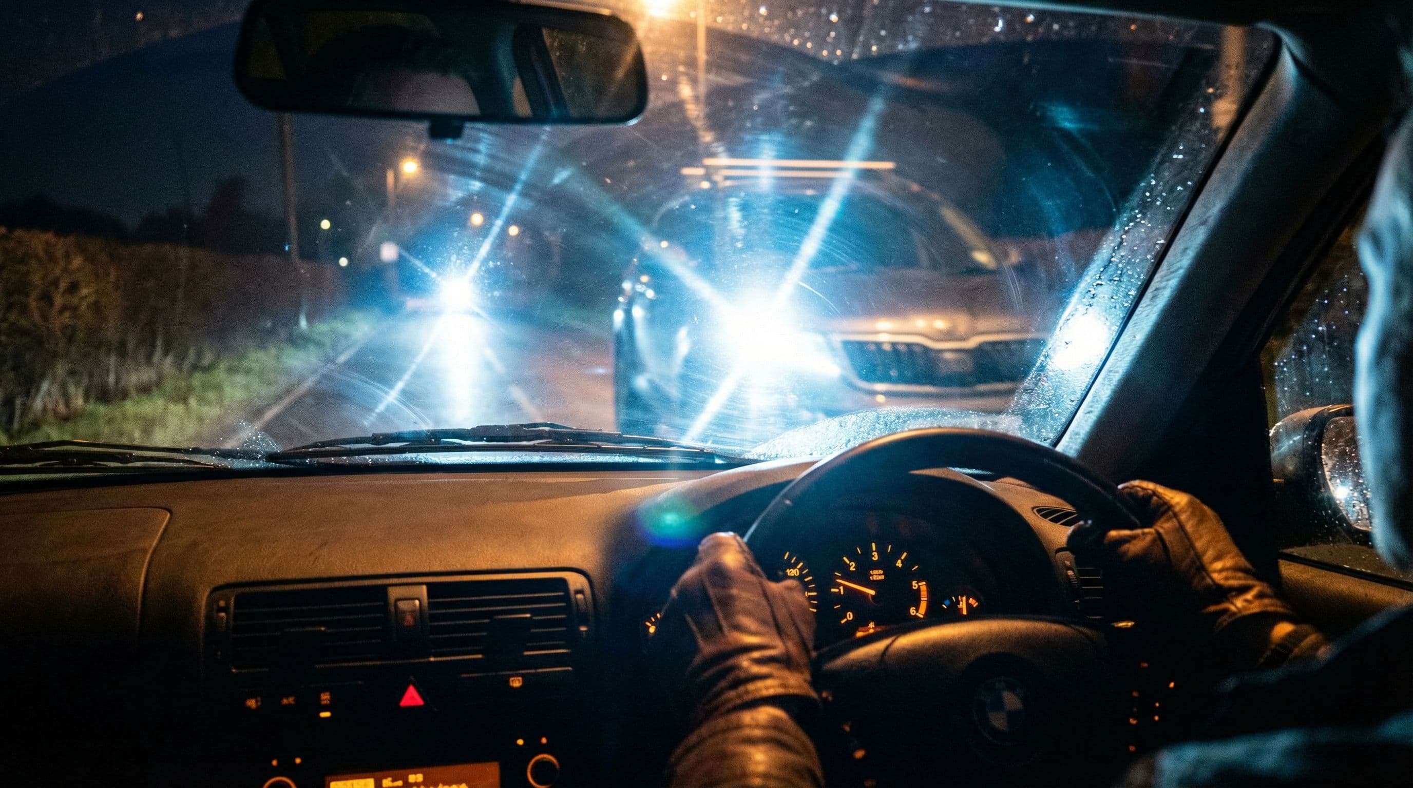Driver grips steering wheel while dazzled by bright LED headlights on UK road