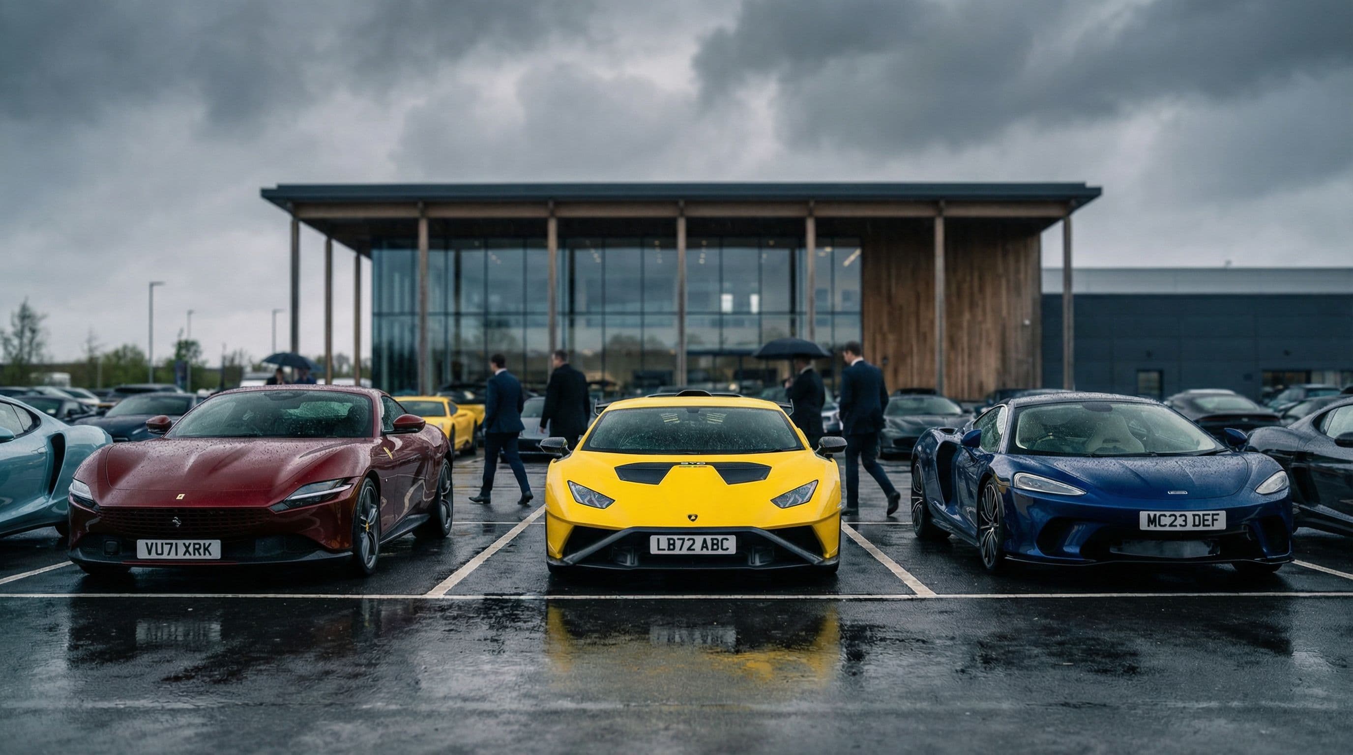 Luxury supercars displayed at a British dealership forecourt under investigation.