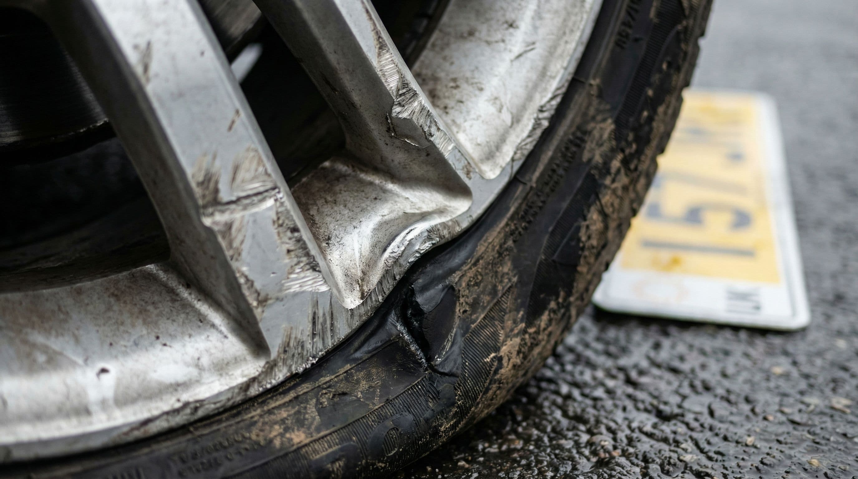 Damaged alloy wheel and flat tyre show the costly impact of pothole strikes.