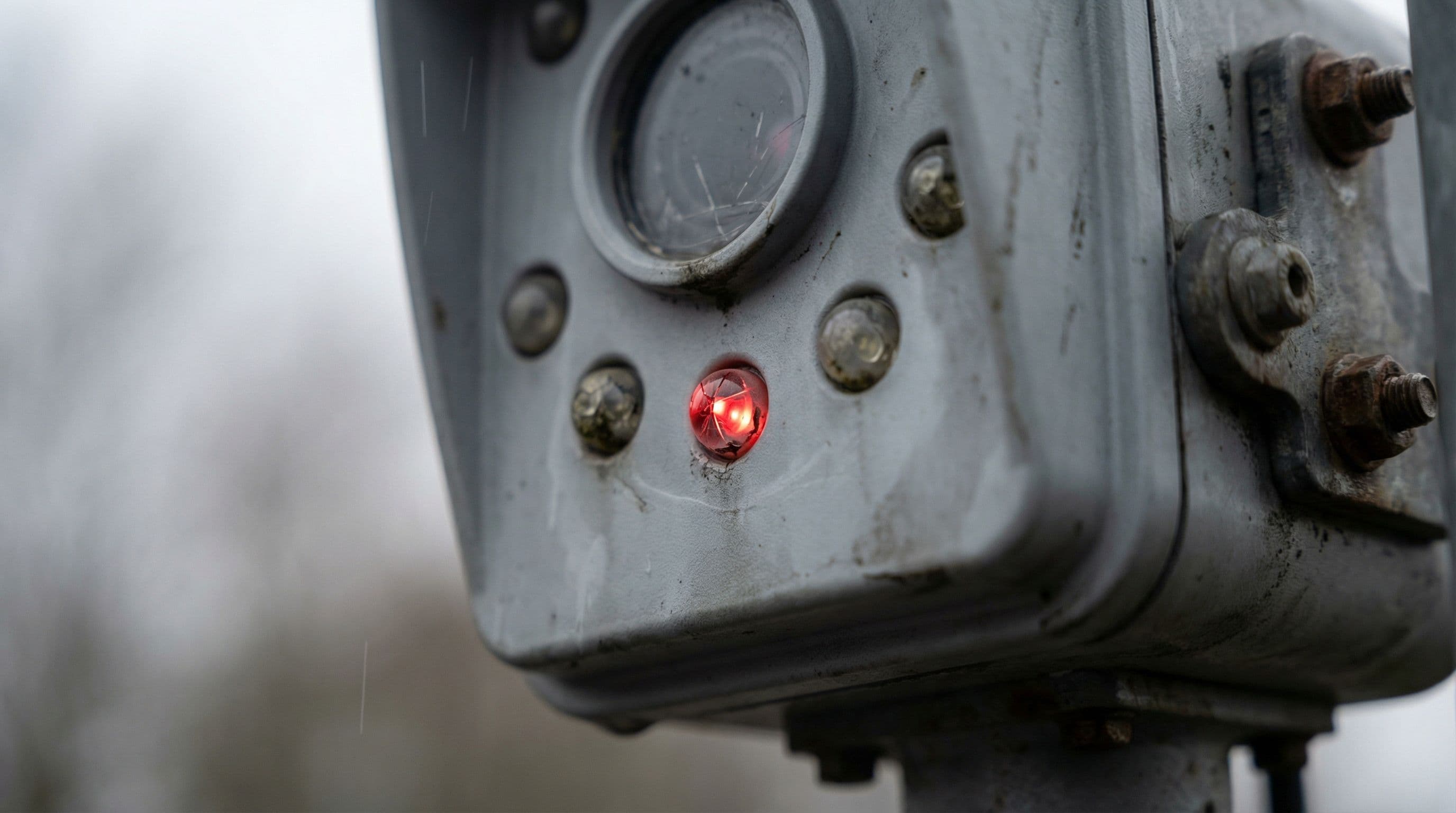 Technical malfunction indicators visible on roadside speed camera enforcement equipment.