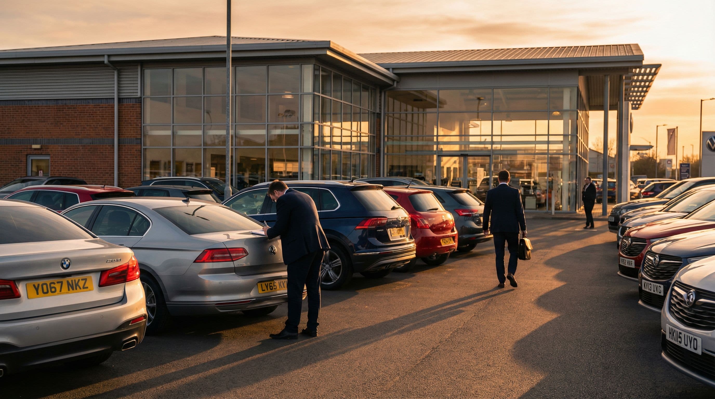 Business professionals examine vehicles at a UK car dealership during golden hour