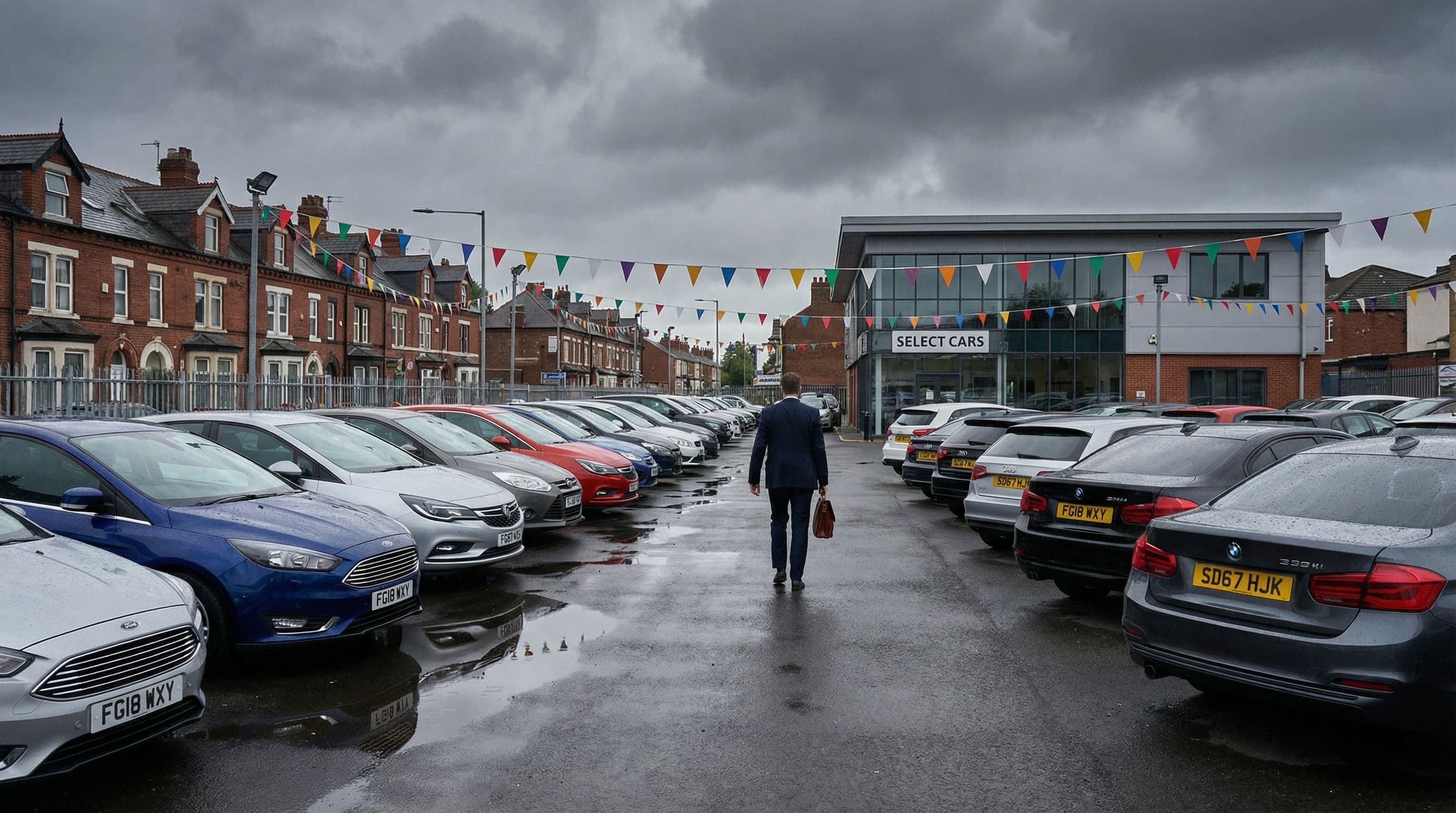 Used car dealership forecourt showing rows of vehicles on a typical British high street.