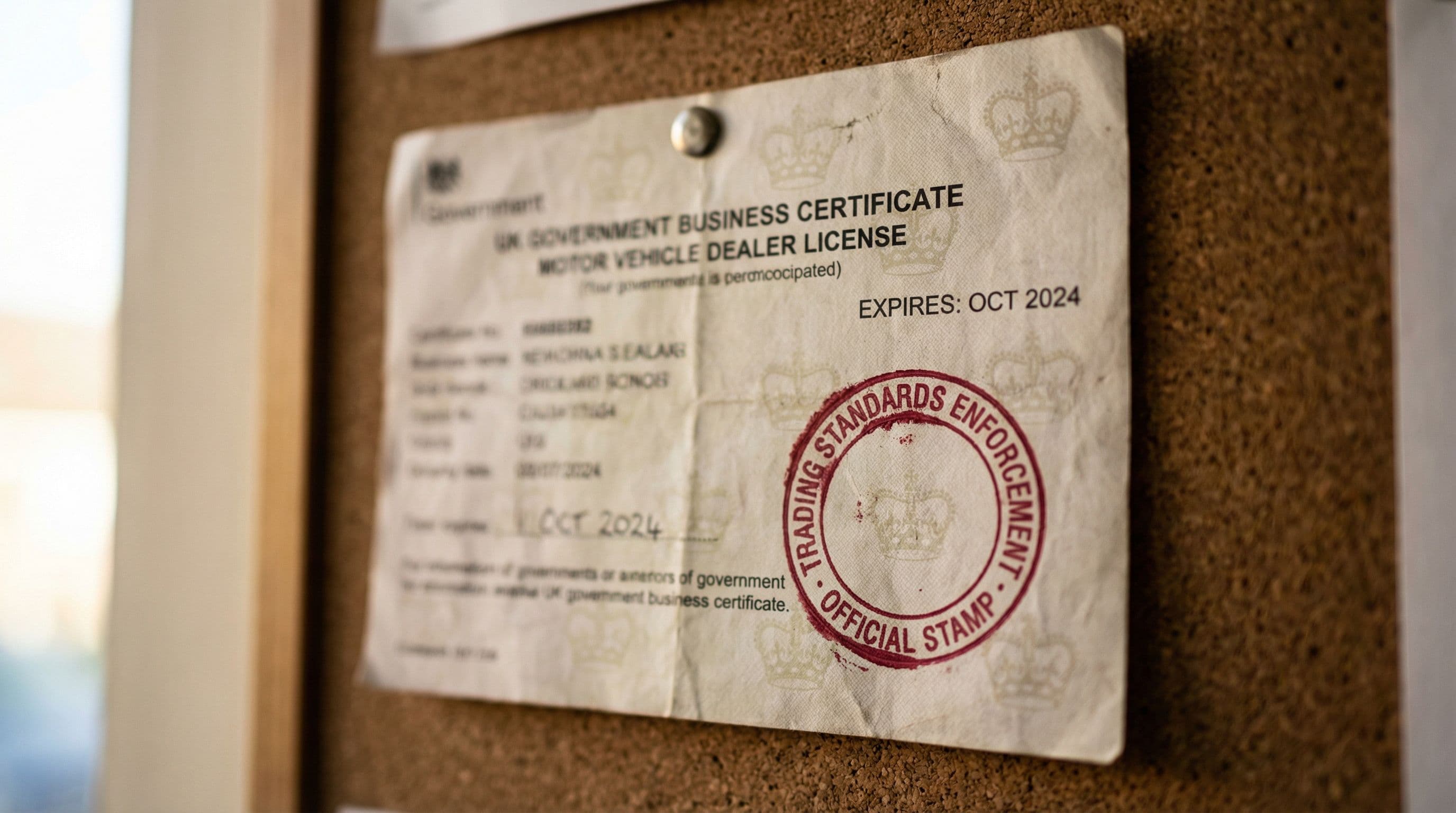 Trading Standards enforcement stamp marks a car dealer's revoked business license.
