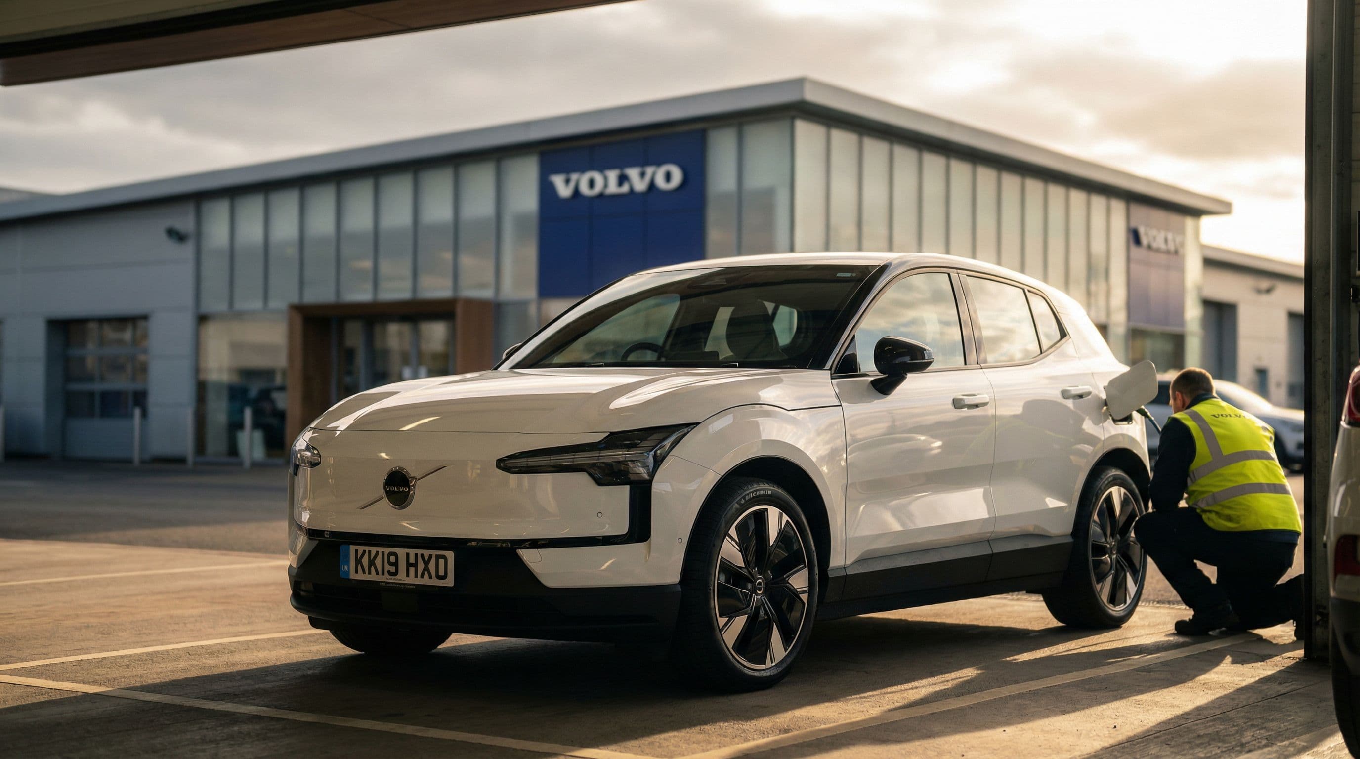 A Volvo EX30 electric SUV undergoes inspection at a British dealership service centre.
