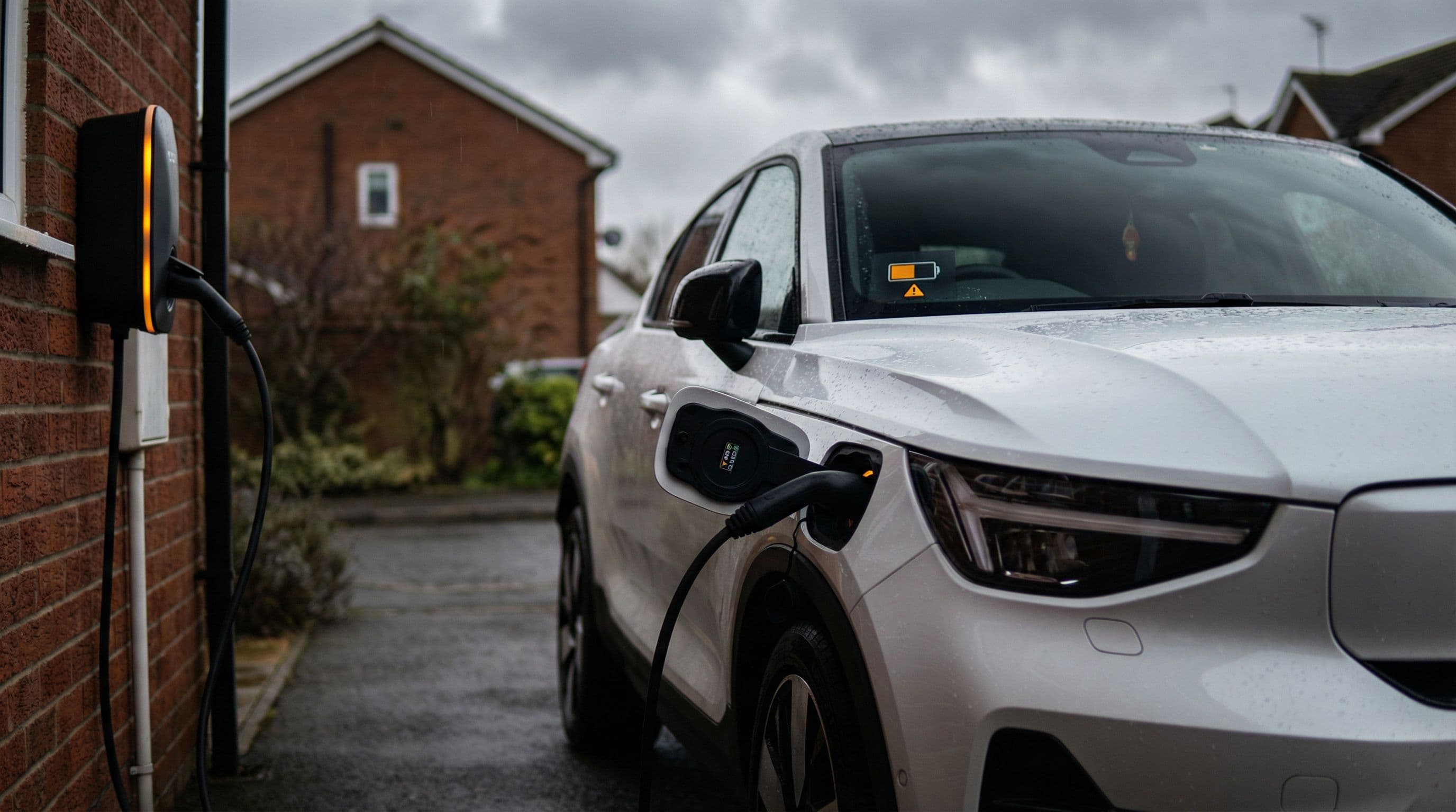 A Volvo electric SUV charges at a UK home charging point amid safety concerns.