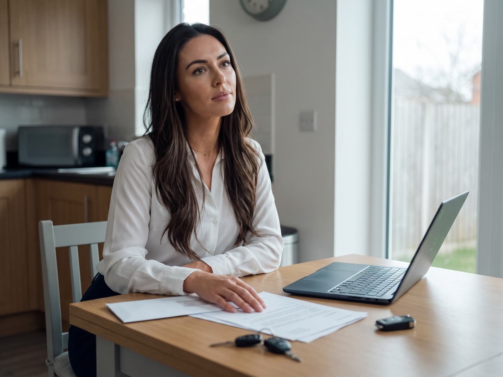 A car buyer at her kitchen table with her printed rejection letters in front of her